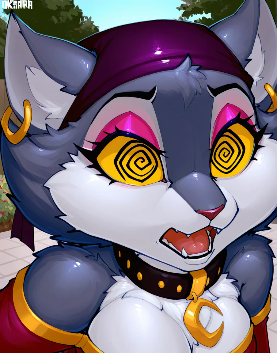 masterpiece, best quality, high resolution, solo, backyard,
msfortune, female, anthro, cat, grey fur, makeup, yellow sclera, ring piercing, bandana, collar, crescent pendant, red dress, partially open mouth, spiral eyes, close-up,
by oksara, <lora:MsFortuneXL_050-Illus-nd32-na32-lr1-b2-ep06:1>