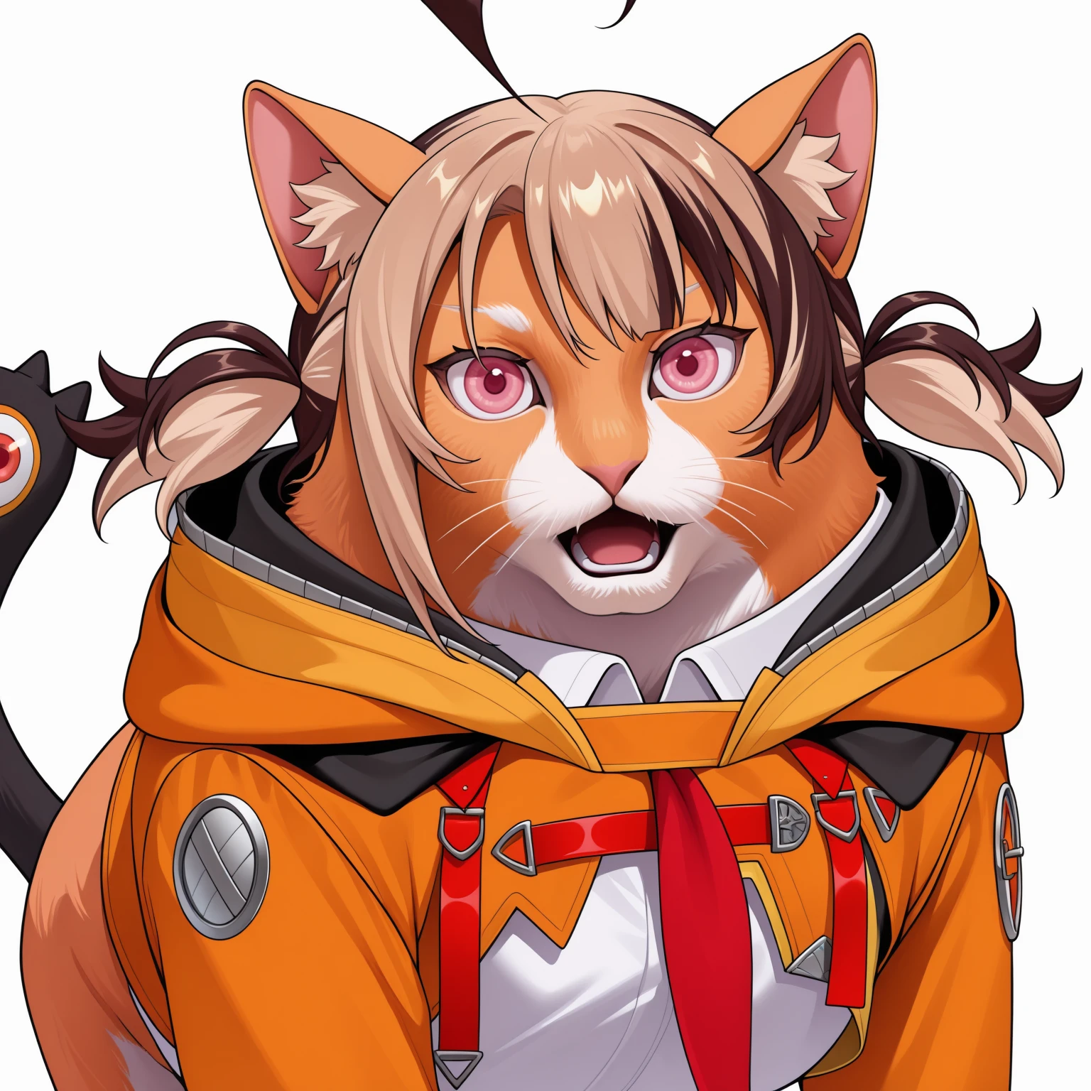 animalization, cat, white background, simple background, looking at viewer, open mouth, <lora:ChamGigiMurinIllustriousXL:1> GigiBase, pink eyes, multicolored hair, short twintails, ahoge, hood down, orange jacket, cropped jacket, white shirt, tail, <lora:huh_cat-000008:1>