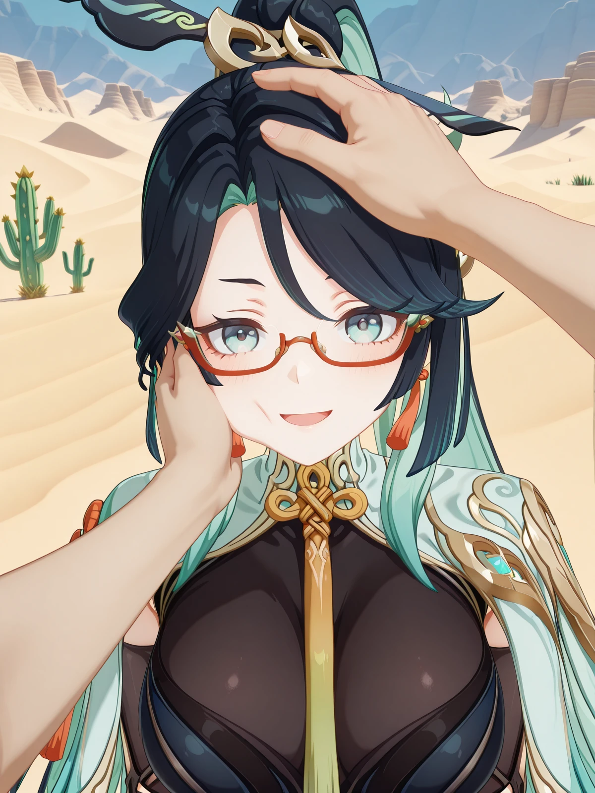 masterpiece, best quality, amazing quality,, <lora:genshin-xianyun-ingame-illustriousxl-lora-nochekaiser:1>, xianyun, xianyun (genshin impact), long hair, black hair, hair ornament, very long hair, blue hair, multicolored hair, green hair, glasses, two-tone hair, aqua eyes, aqua hair, colored inner hair, semi-rimless eyewear, red-framed eyewear, mature female, large breasts, 3d, long sleeves, gloves, dress, jewelry, earrings, black gloves, black dress, tassel, tassel earrings, <lora:pov-cheek-and-head-pat-illustriousxl-lora-nochekaiser:1>, pov cheek and head pat, pov cheek and head pat (meme), looking at viewer, blush, smile, open mouth, upper body, closed eyes, solo focus, pov, hand on another's head, pov hands, headpat, hand on another's face, hand on another's cheek, petting,, desert, sand, dunes, cacti, heat, cowboy shot, solo, looking at viewer,