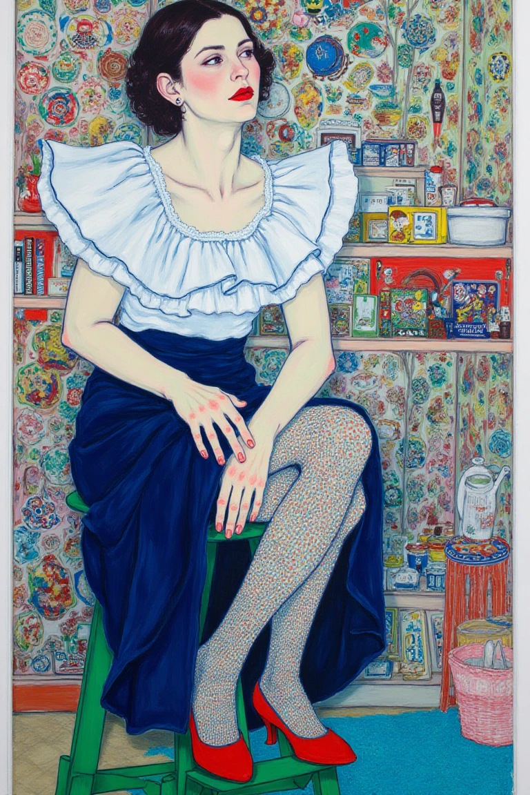 A painting by HOPEGANG of a full shot woman with red lips wearing a ruffled white top and dark blue skirt, seated on a green stool with crossed legs, patterned stockings, red heels, one hand resting on knee; colorful, expressive brushwork, emotional intensity, bold colors, textured surface, dynamic lines, intricate patterns.