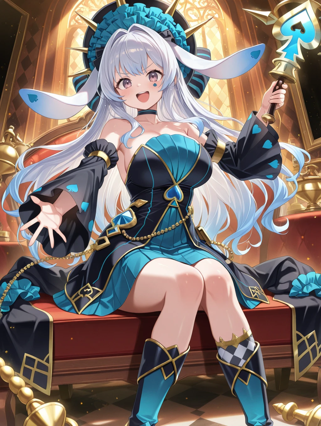 1girl,solo,smile,looking at viewer,large breasts,open mouth,open hand,:d,knees together feet apart,blush,argyle background,v-shaped eyebrows,collarbone,malice pawn march hare,rabbit ears,black boots,black choker,black detached sleeves,black headdress,black strapless dress,blue spade facial mark,gold chain,single argyle sock,spade \(shape\),holding gold sword,gold sword,frilled headdress bow,
masterpiece,best quality,amazing quality,very aesthetic,absurdres,newest,scenery,extreme detail,8k,light particles,soft lighting,volumetric lighting,intricate details,finely detailed,<lora:MALICE Pawn March Hare illusXL v2:0.75>,