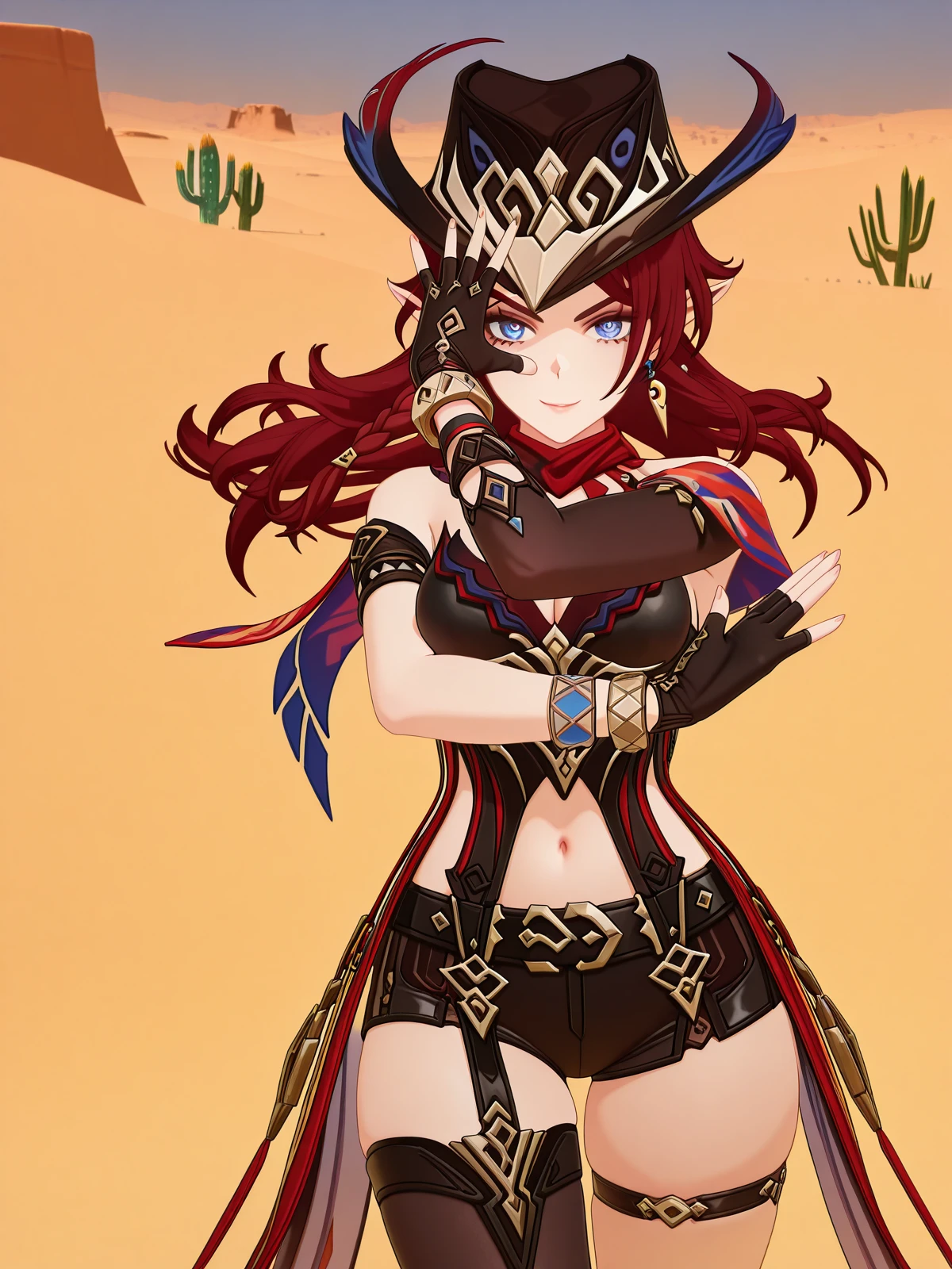 masterpiece, best quality, amazing quality,, <lora:genshin-chasca-ingame-illustriousxl-lora-nochekaiser:1>, chasca, chasca (genshin impactt), long hair, blue eyes, braid, red hair, pointy ears, elf, mature female, medium breasts, 3d, gloves, hat, navel, cleavage, jewelry, bare shoulders, earrings, shorts, black gloves, belt, fingerless gloves, scarf, bracelet, black headwear, thigh strap, single thighhigh, red scarf, hat feather, asymmetrical clothes, <lora:kars-pose-illustriousxl-lora-nochekaiser:1>, kar's pose, solo, jojo pose, hands up, straight-on, looking at viewer, smile, open hands,, desert, sand, dunes, cacti, heat, cowboy shot, solo, looking at viewer,