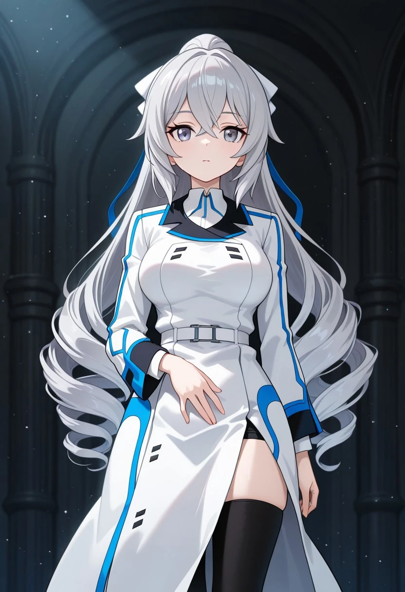 masterpiece, best quality, amazing quality, highres, absurdres, high resolution, ultra detailed, perfect details, aesthetic, ultra-detailed, high quality, newest, scenery, extreme detail, 8k, light particles, soft lighting, volumetric lighting, intricate details, finely detailed, detailed eyes, 1girl, solo, bronya zaychick (silverwing: n-ex), grey hair, long hair, curly hair, grey eyes, isuni_long dress, notched collar with blue trim, white isuni_uniform with blue trim, long sleeves with blue trim, white belt, long dress, side slit, white and black long skirt with blue trim with side slit, black thighighs with blue trim