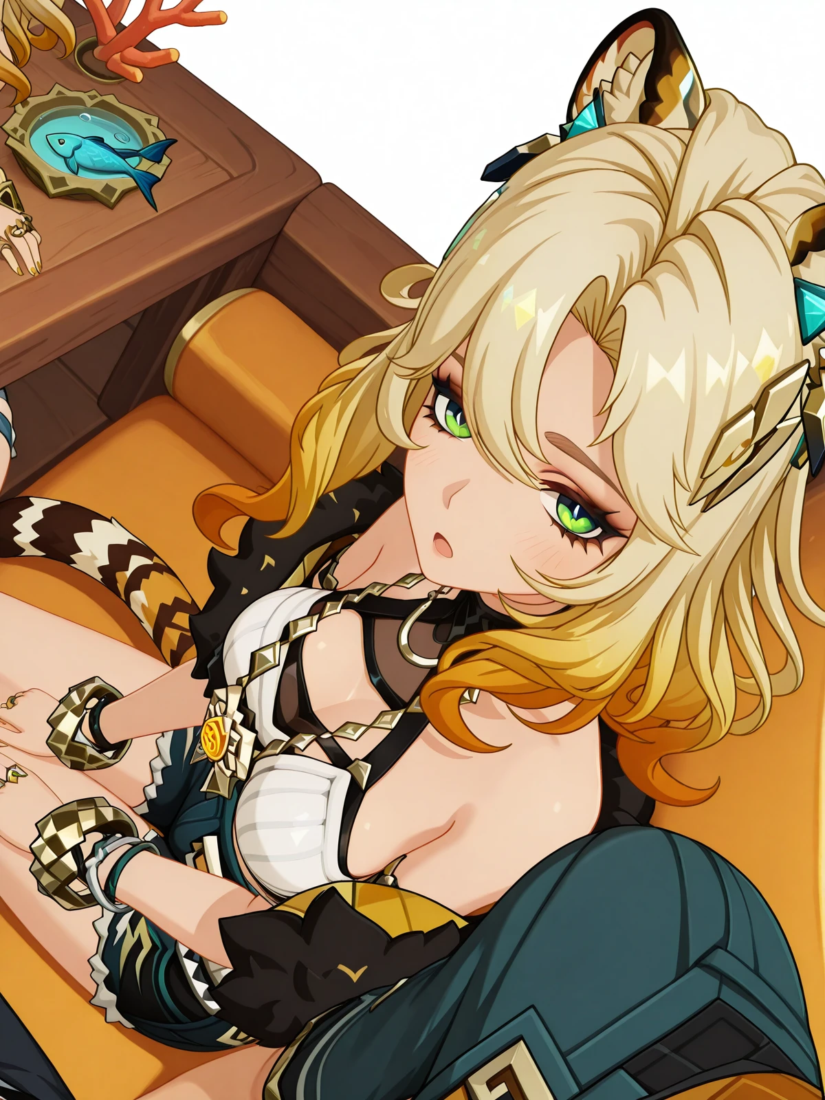 masterpiece, best quality, amazing quality,, <lora:genshin-xilonen-ingame-illustriousxl-lora-nochekaiser:1>, xilonen, xilonen (genshin impact), long hair, blonde hair, hair ornament, animal ears, green eyes, tail, multicolored hair, gradient hair, tiger ears, tiger tail, tiger girl, mature female, large breasts, 3d, jewelry, bare shoulders, jacket, shorts, off shoulder, bracelet, fur trim, short shorts, sideboob, black shorts, ring, denim shorts,, <lora:side-by-side-pov-illustriousxl-lora-nochekaiser:1>, side-by-side pov, side-by-side, pov, solo focus, 1boy, sitting, pov shoulder, blush, open mouth, sitting, closed eyes,, seafloor, coral, fish, underwater, blue, cowboy shot, solo, looking at viewer, <lora:transparent-background-illustriousxl-lora-nochekaiser:1>, transparent background, simple background, white background