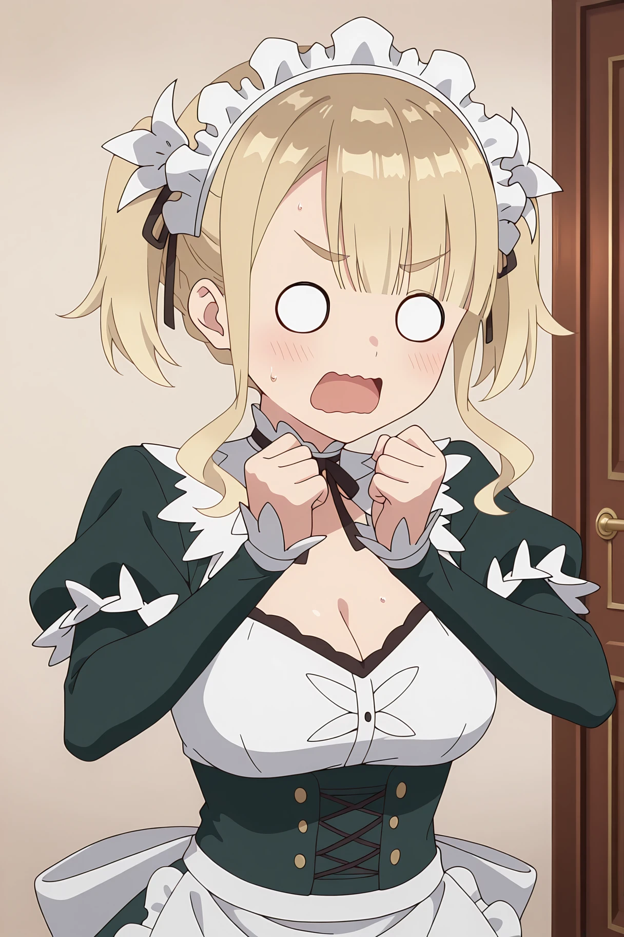 masterpiece, best quality, absurdres, very aesthetic, general, BREAK
ellie walker, 1girl, solo, blonde hair, maid headdress, open mouth, maid, eyebrows visible through hair, twintails, blush, o o, cleavage, juliet sleeves, upper body, sidelocks, clenched hands, wavy mouth, hands up, v-shaped eyebrows, looking at viewer, black ribbon, , green dress, door, brown background, puffy long sleeves, 0 0, white apron, cleavage cutout, long hair, corset, black neckwear, neck ribbon, frills, indoors, short twintails, short hair, waist apron, thick eyebrows, puffy short sleeves, enmaided, :o, hair between eyes, light brown hair, braid, black bow, maid apron, facing viewer, surprised, blunt bangs, short over long sleeves, shiny hair, choker, asymmetrical bangs, d:, collar, layered sleeves, detached sleeves, green sleeves, sleeves past wrists, two side up, black dress, underbust, parted bangs, eyebrows, white bow, sweat, rectangular mouth, sweatdrop, back bow, solid circle eyes, blank eyes, hair ribbon, hair flower
<lora:ellie_walker_illustXL_locon_v1:0.8>