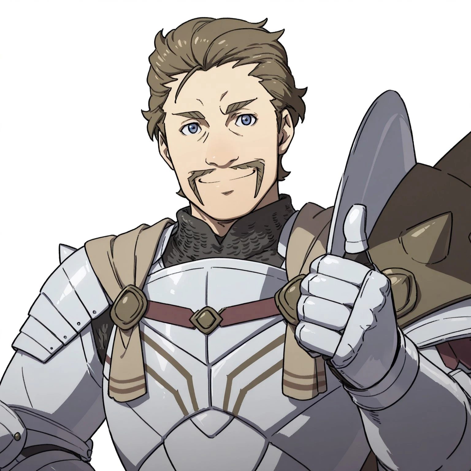 masterpiece, absurd res, best quality, newest, 2024, 8k, 4k, anime coloring,
solo male, 1boy, Alois, armor, mustache, upper body, thumbs up, white background, happy, smile,