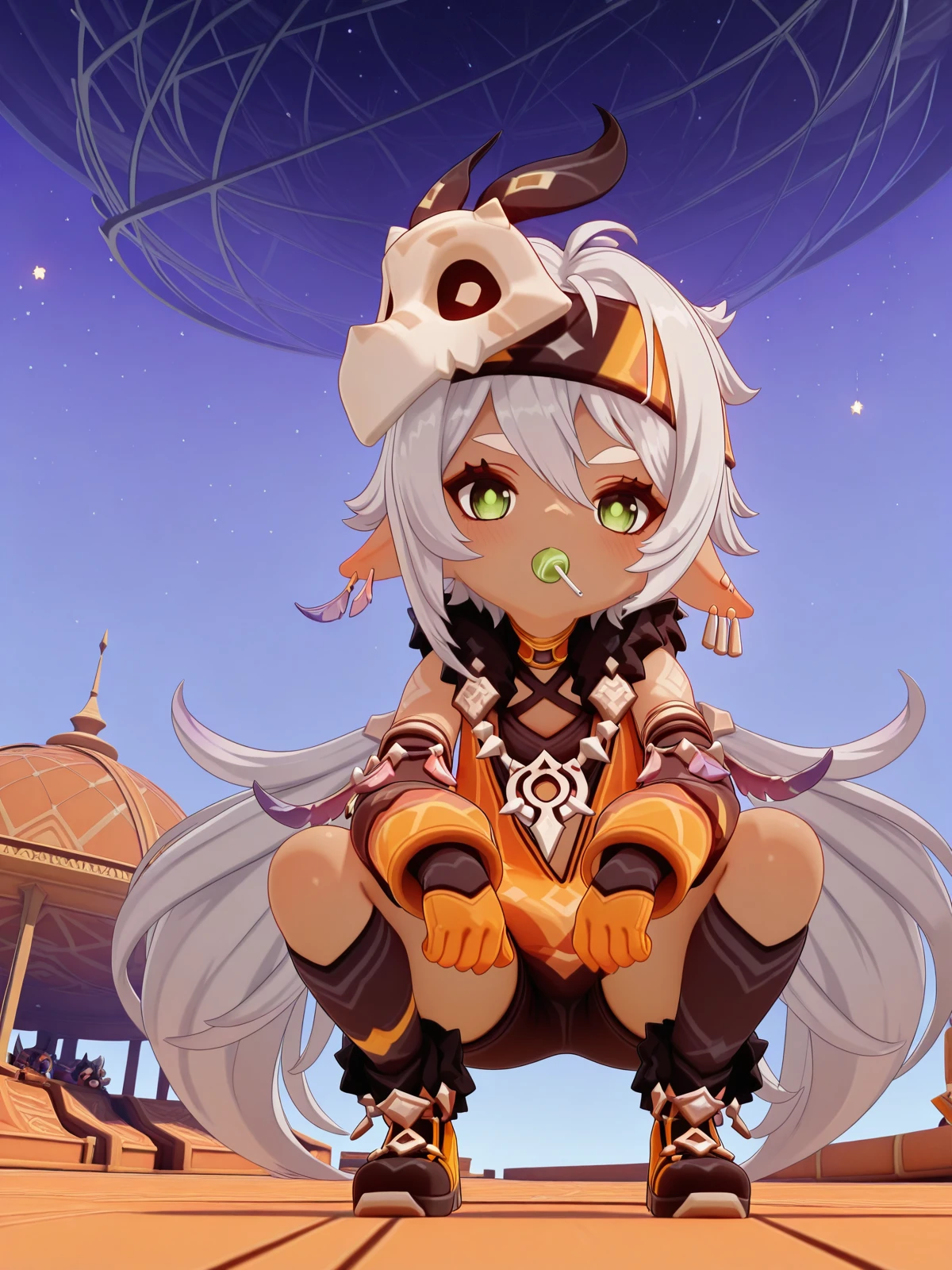 masterpiece, best quality, amazing quality,, <lora:genshin-iansan-ingame-illustriousxl-lora-nochekaiser:1>, iansan, iansan (genshin impact), long hair, hair ornament, hair between eyes, very long hair, green eyes, white hair, grey hair, ponytail, pointy ears, dark skin, dark-skinned female, 3d, long sleeves, gloves, jewelry, earrings, shorts, fur trim, mask, headband, feathers, feather hair ornament, mask on head, orange gloves, tooth necklace, <lora:slav-squatting-illustriousxl-lora-nochekaiser:1>, slav squatting, solo, looking at viewer, blush, full body, mouth hold, squatting, candy, lollipop, food in mouth,, planetarium, stars, sky, seats, dome, cowboy shot, solo, looking at viewer,