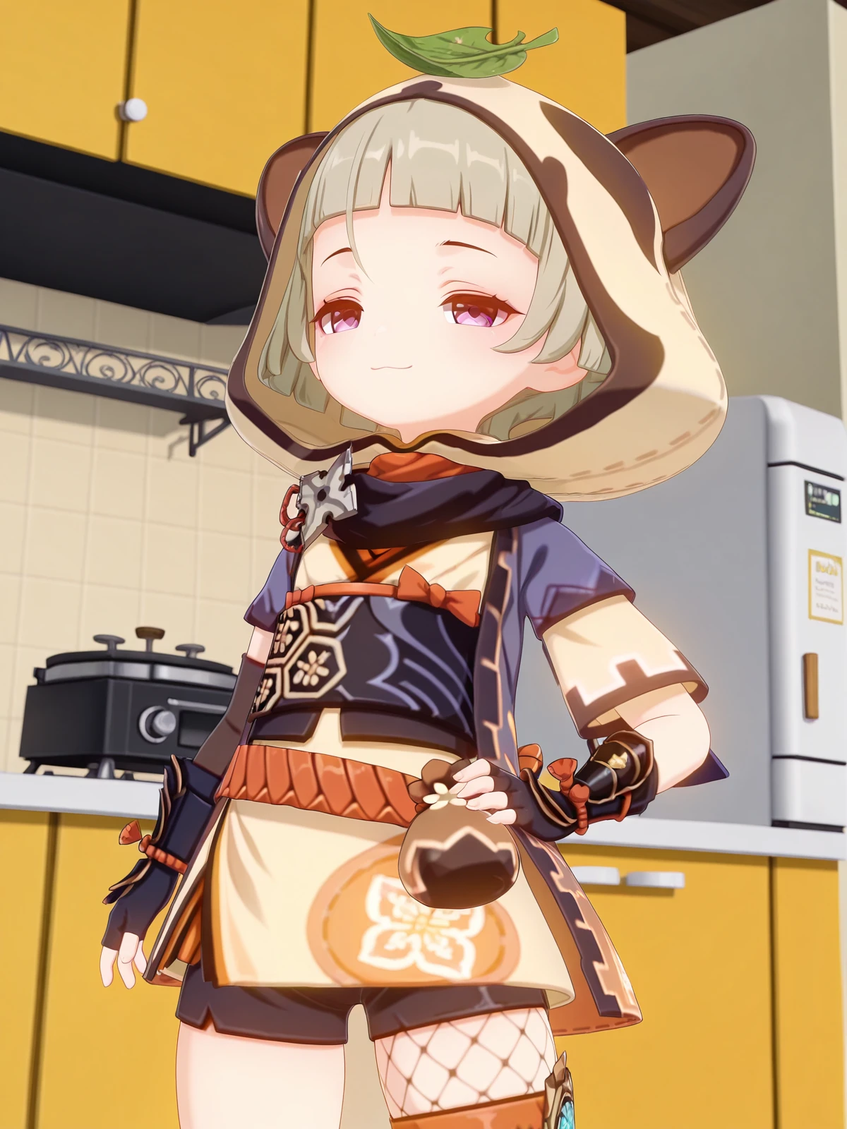masterpiece, best quality, amazing quality,, <lora:genshin-sayu-ingame-illustriousxl-lora-nochekaiser:1>, sayu, sayu (genshin impact), short hair, purple eyes, tail, grey hair, blunt bangs, 3d, gloves, animal ears, tail, short sleeves, shorts, japanese clothes, black gloves, elbow gloves, hood, fingerless gloves, kimono, scarf, short shorts, fake animal ears, thigh strap, black shorts, leaf, fishnets, bike shorts, fake tail, animal hood, ninja, raccoon ears, short kimono, black scarf, leaf on head, raccoon tail, arm guards, yellow kimono, smug, hand on own hip,, kitchen, stove, fridge, utensils, chef, cowboy shot, solo, looking at viewer,