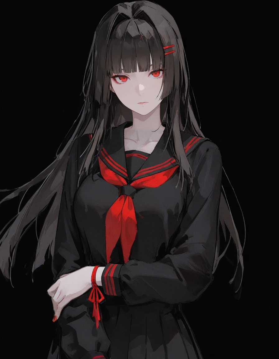 masterpiece,best quality,amazing quality,very aesthetic,high resolution,ultra detailed,perfect details,
solo,mature female, (age_up:1),<lora:maipgrsaotomeyuka:1>,maipgrsaotomeyuka,1girl,solo,long_hair,hime_cut,sidelocks,black_hair,looking_at_viewer,long_sleeves,red_eyes,closed_mouth,school_uniform,serafuku,black_serafuku,blunt_bangs,black_shirt,red_nails,red_neckerchief,neckerchief,shirt,breasts,nail_polish,sailor_collar,black_sailor_collar,hair_intakes,simple_background,collarbone,upper_body,hairclip,expressionless,black_background,pale_skin,straight-on,wrist_ribbon,holding_own_arm,<lora:96YOTTEA-WAI:1>,