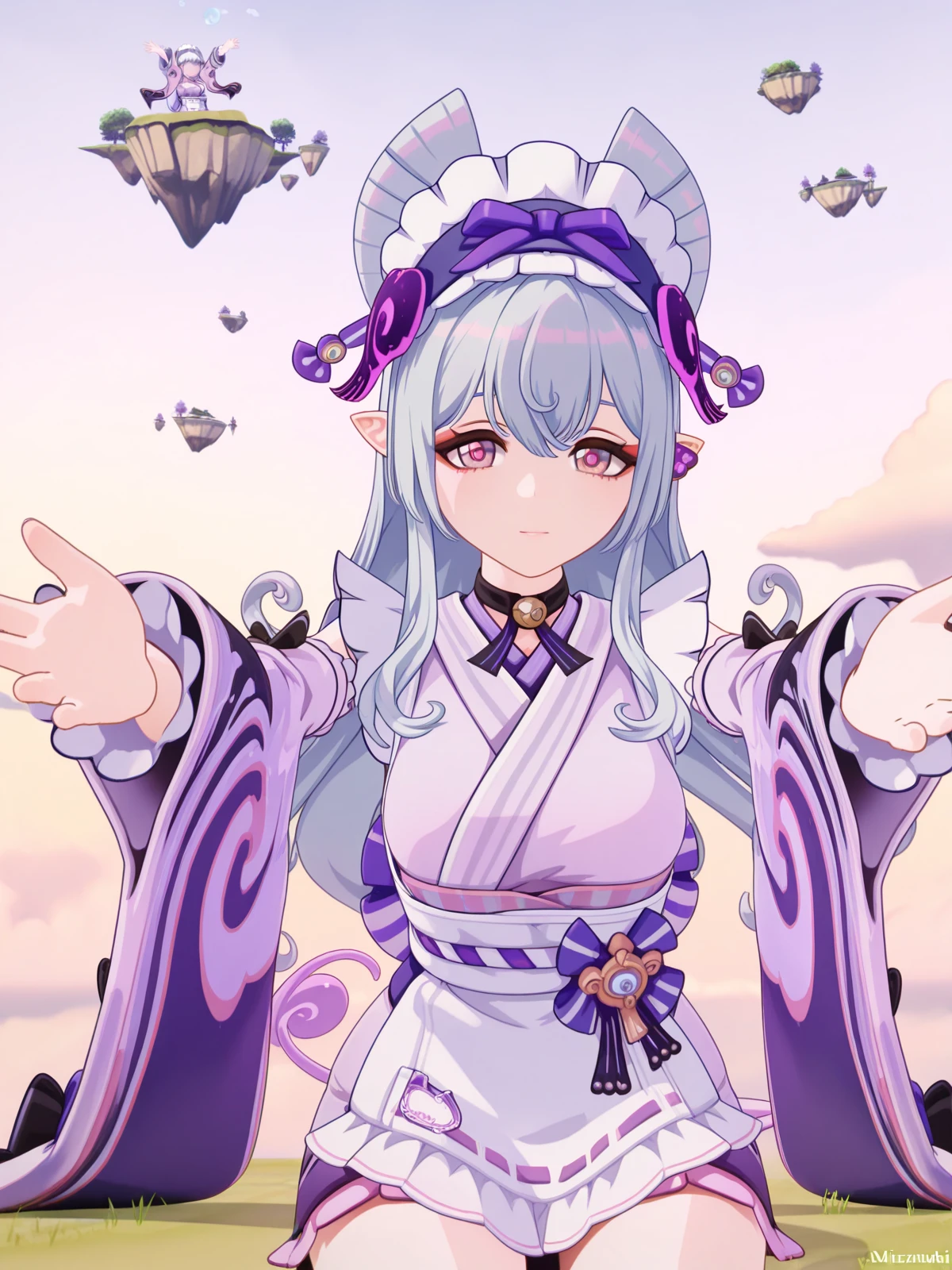 masterpiece, best quality, amazing quality,, <lora:genshin-mizuki-yumemizuki-ingame-illustriousxl-lora-nochekaiser:1>, mizuki yumemizuki, long hair, purple eyes, tail, grey hair, hairband, pointy ears, pink eyes, mature female, medium breasts, 3d, long sleeves, bow, frills, detached sleeves, japanese clothes, wide sleeves, kimono, apron, maid, sash, maid headdress, white apron, waist apron, purple kimono, wa maid, on back, arm support, arms up, incoming hug, pov, reaching, reaching towards viewer,, floating island, sky, clouds, greenery, magical, cowboy shot, solo, looking at viewer,