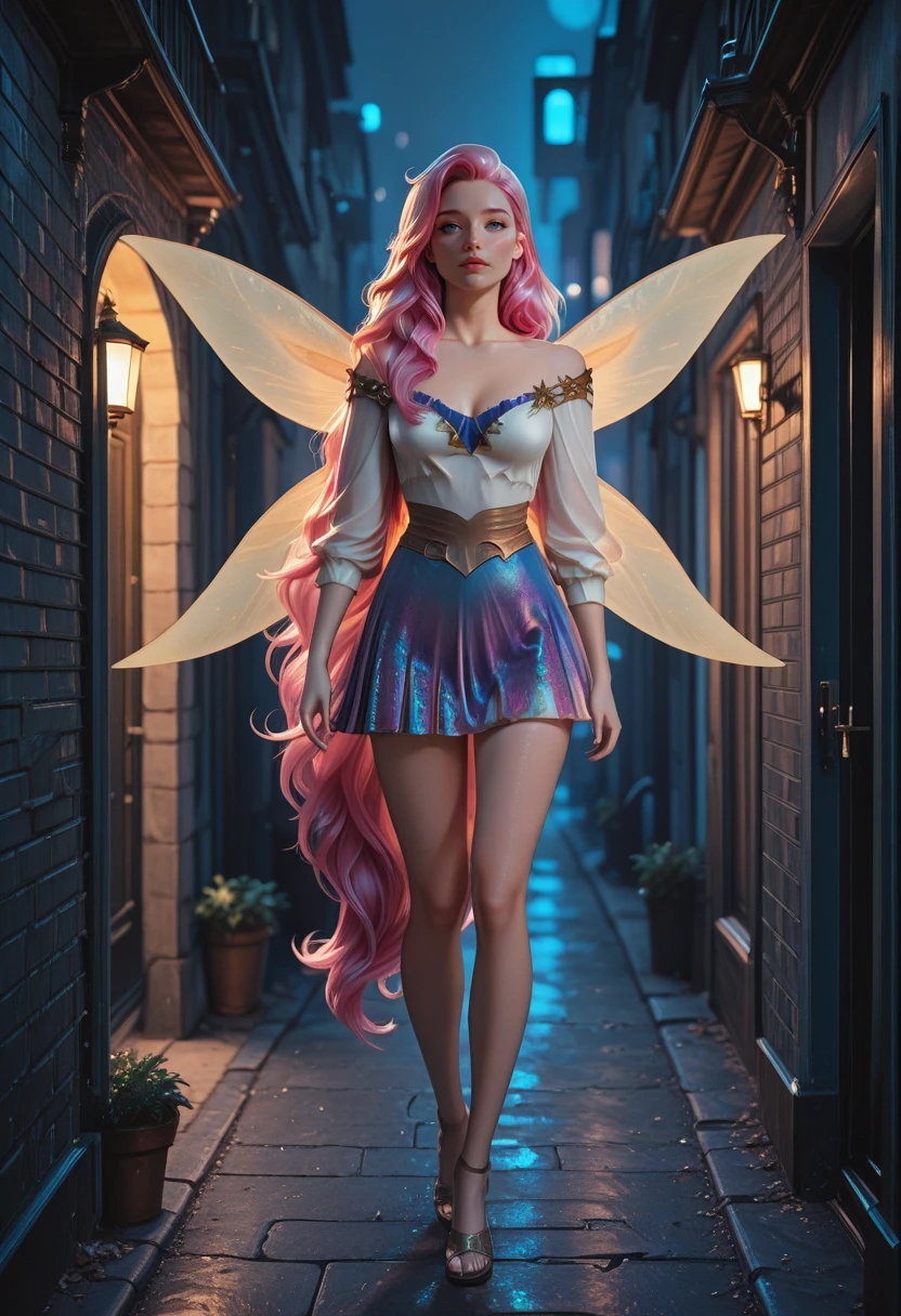 very awa, masterpiece, best quality, absurdres, newest, perfect quality, detailed background, intricate details, solo,
<lora:ILLOLSeraphine:1>
LOLSeraphine, 1girl, blue eyes, pink hair, long hair, asymmetrical bangs, fairy wings, walking alone down a dark, narrow alley at night, cinematic atmosphere, stylish modern outfit, moody soft lighting