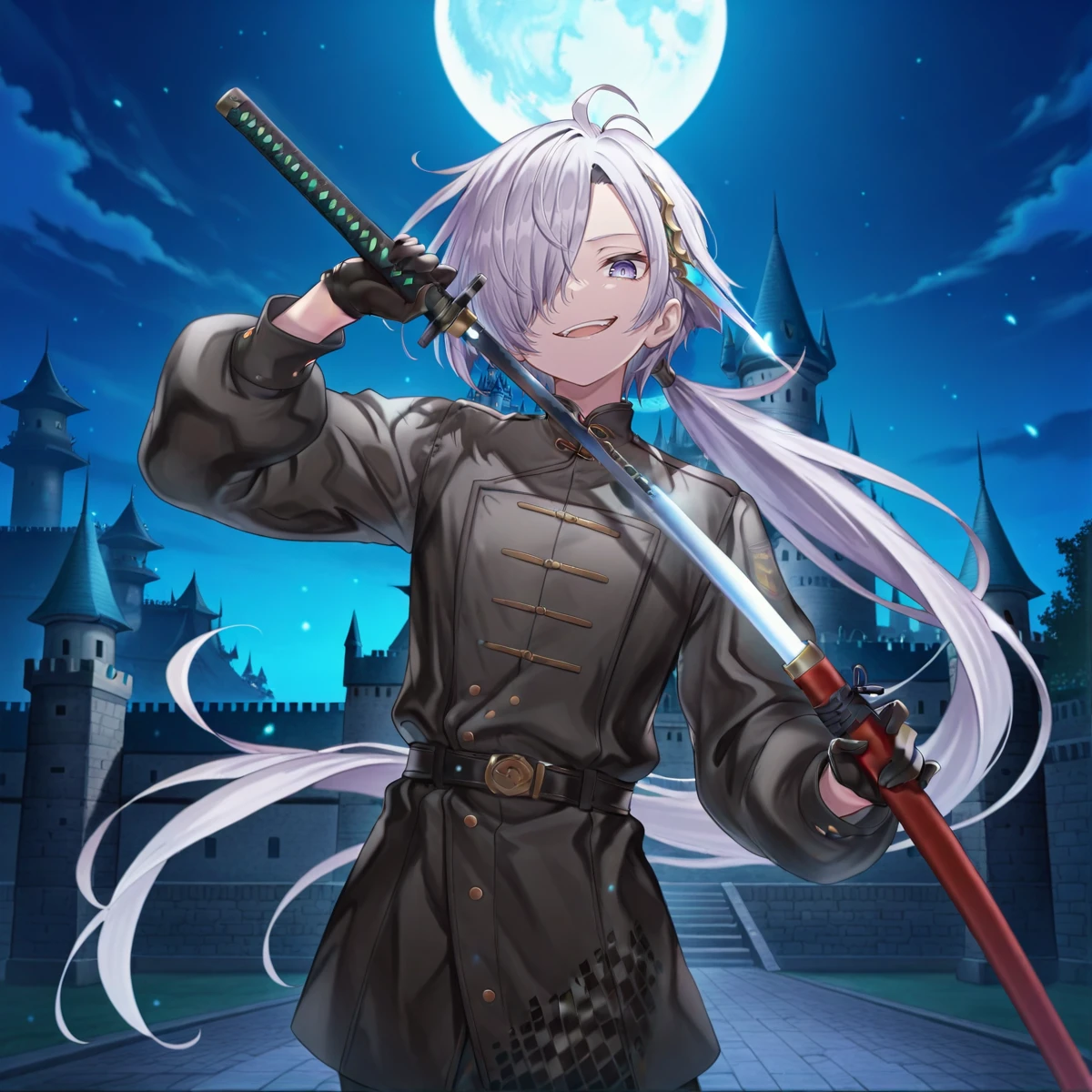 masterpiece,best quality,absurdres,detailed skin,detailed eyes,anime colored,anime screencap,
<lora:nio-000007:0.8>,1 boy,nio,smirk,looking at viewer,open mouth,cowboy shot,ponytail,hair over one eye,
<lora:unsheathing_katana:0.6>,unsheathing katana,holding sword,gloves,
outdoors,castle background,moon,