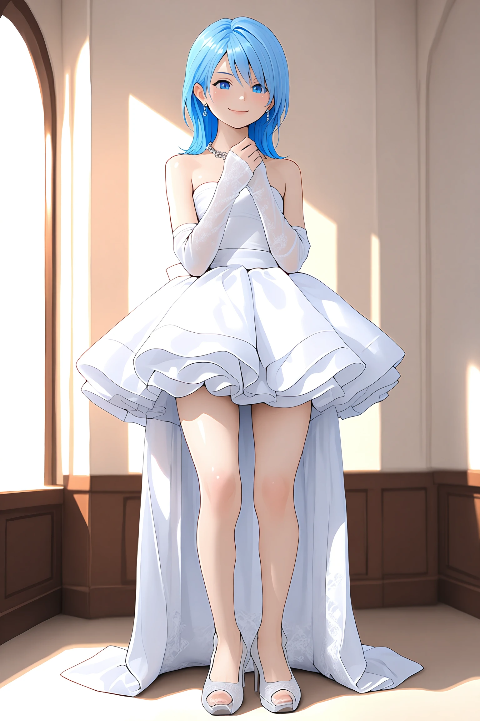 <lora:VeneAnsbachV2_illustrious:1>,sb_vene,white shirt, medium hair, earrings, 1girl, solo,boots,blue eyes,blue hair,smile, masterpiece, best quality, amazing quality, newest,detailed face, beautiful eye, <lora:white_high_low_dressV1_Illustrious:1.0> ,white high-low dress,lace train,ruffled skirt,bare shoulders,strapless,pearl necklace,jewelry,white lace elbow gloves,white footwear, high heels