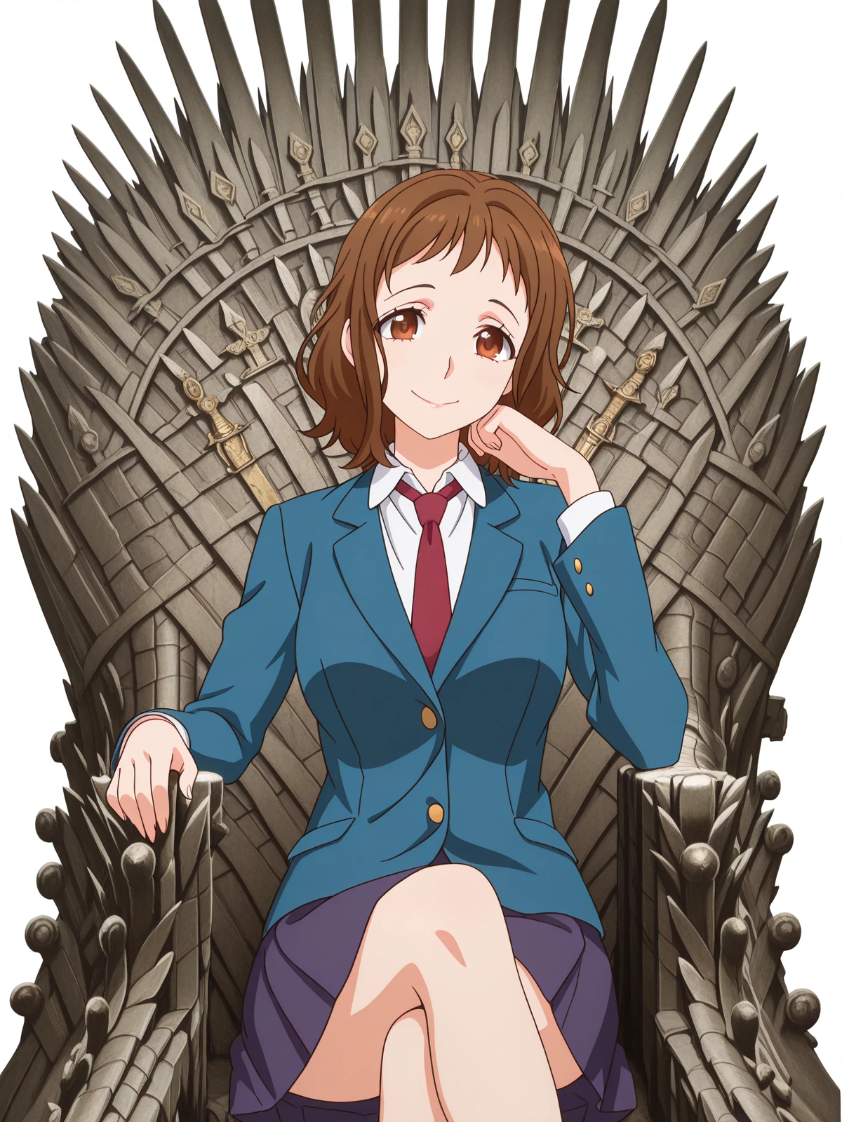 masterpiece, best quality, amazing quality,, <lora:miou-aida-movie-illustriousxl-lora-nochekaiser:1>, miou aida, short hair, brown hair, brown eyes, mature female, , anime screencap, skirt, jacket, pleated skirt, necktie, blazer, blue blazer, shirt, white shirt, collared shirt, red necktie, blue skirt,, <lora:iron-throne-illustriousxl-lora-nochekaiser:1>, iron throne, sitting, looking at viewer, sword, throne, sitting on throne, smile, elbow rest, crossed legs, temple, holy, sacred, religion, traditional, cowboy shot, solo, looking at viewer, <lora:transparent-background-illustriousxl-lora-nochekaiser:1>, transparent background, simple background, white background