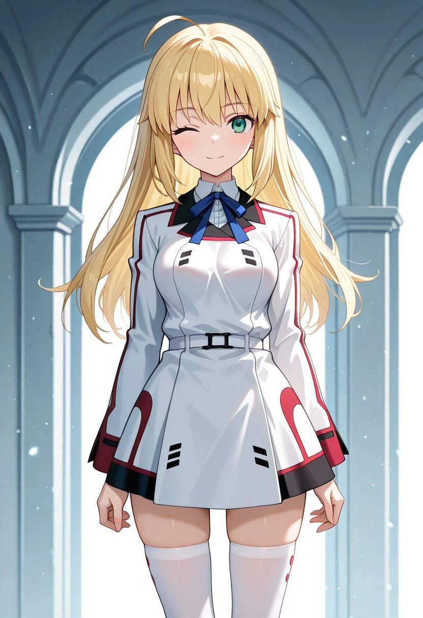 masterpiece, best quality, amazing quality, highres, absurdres, high resolution, ultra detailed, perfect details, aesthetic, ultra-detailed, high quality, newest, scenery, extreme detail, 8k, light particles, soft lighting, volumetric lighting, intricate details, finely detailed, detailed eyes, 1girl, solo, 1girl, solo, artoria_pendragon_(fate), blonde hair, hair down, long hair, green eyes, blue neck ribbons, isuni_short dress, notched collar with red trim, white isuni_uniform with red trim, long sleeves with red trim, white belt, short dress, white and black skirt with red trim, white thighhighs with red trim, standing, smiling, winking