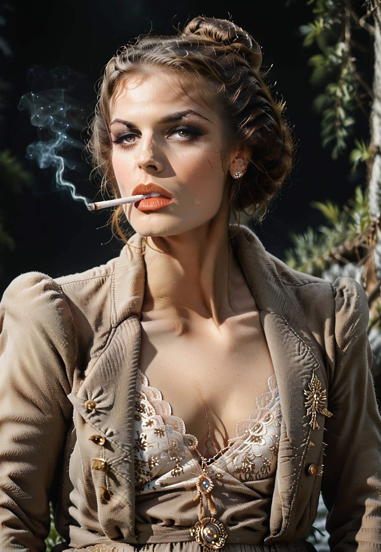 score_9, score_8_up, score_7_up, score_6_up, score_5_up, score_4_up, ArsMovieStill, movie still from a 1930s technicolor movie, 1 girl, Huntess_Lulu, brown eyes, open coat, white lingerie, fingerless gloves, high boots, brown hair, bun hairstyle, (Thick black Eyeliner, black eyeshadow, thick eyelashes, thin lips), mid-twenties woman, pale skin, porcelain skin, snow-white skin, grim forest background, smoking, cigarette in mouth, light smoke, moody, drammatic lighting,