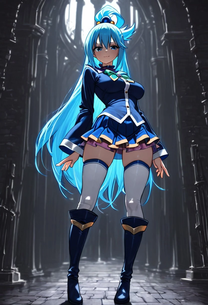 masterpiece, best quality, highres, gothic style, dark atmosphere, dark fantasy, aqua from konosuba, blue long ponytail, pleated skirt, blue shirt, buttons, baresholders, deatached sleeves, white thighhighs, blue long boots,