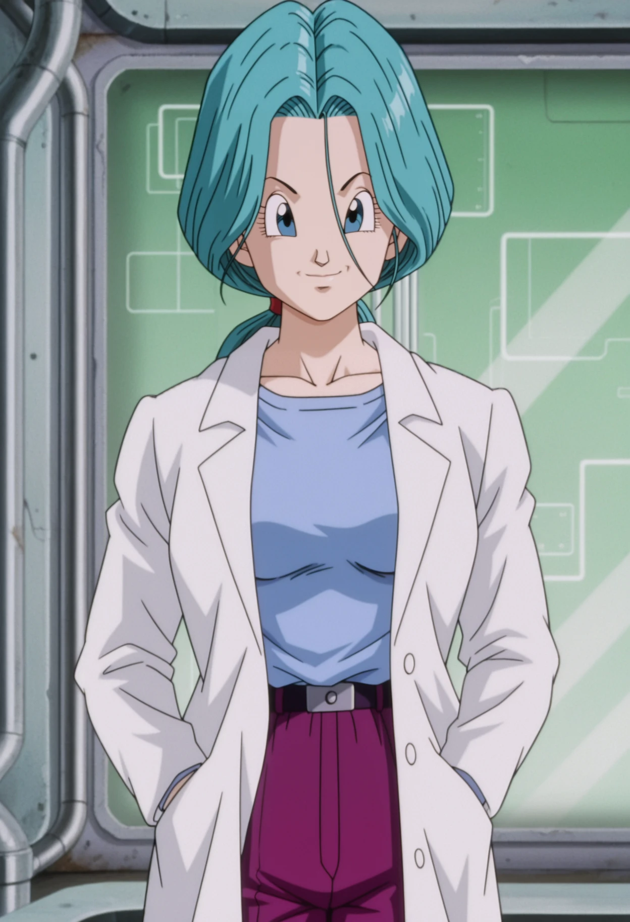 bulma (future), 1girl, mature female, long hair, low ponytail, looking at viewer, lab coat, blue shirt, purple pants, light smile, medium breasts, standing, cowboy shot, hands in pockets, indoors, laboratory, blurry, anime coloring, anime screencap, masterpiece, best quality, highres, highly detailed, intricate details, absurdres, very awa, very aesthetic, newest