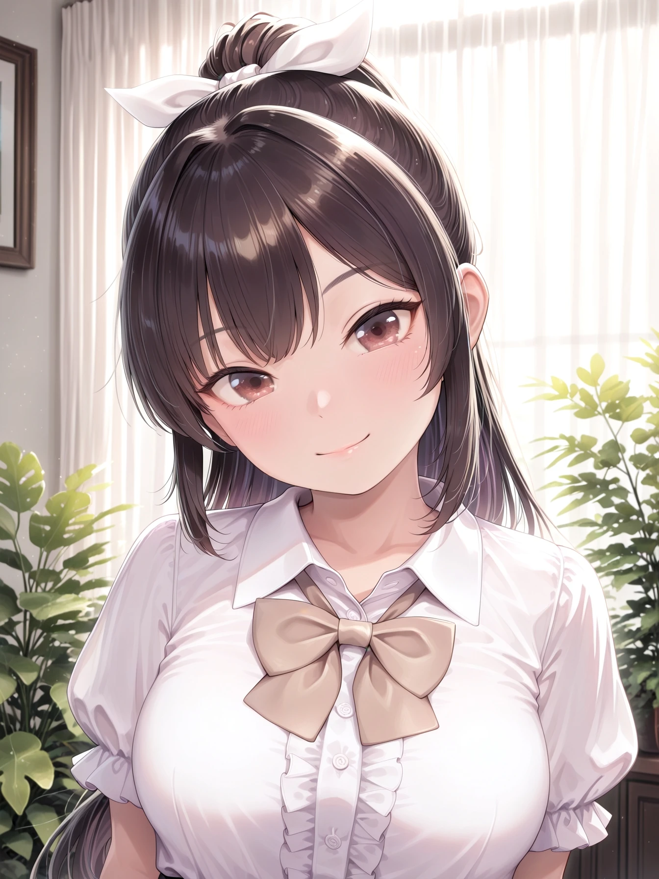 Depth of field. (Portrait:1.2). Face focus. (Shooting from front:1.1). 1woman. Solo. Contrapposto. (Head tilt:1.2). Looking at viewer. (Round face:0.95). Detailed dark-brown eyes. Detailed body. . (Long ponytail:1.1). White hair ribbon. (Dark-brown hair). (Dark-brown inner hair). (White collared shirt:1.1). (Ruffled shirt:1.1). White shirt. Light-brown bowtie. Loose bowtie. White short sleeves. Puffy sleeves. Fashionable living room. White sheer curtains. Decorative plants. (Daytime:1.2). (Natural lighting:1.4). Realistic lighting. Photo. Real. Photorealistic. Realistic texture. Intricate details. Extremely detailed. Outstanding intricacies., ZSA_IL_Pos,