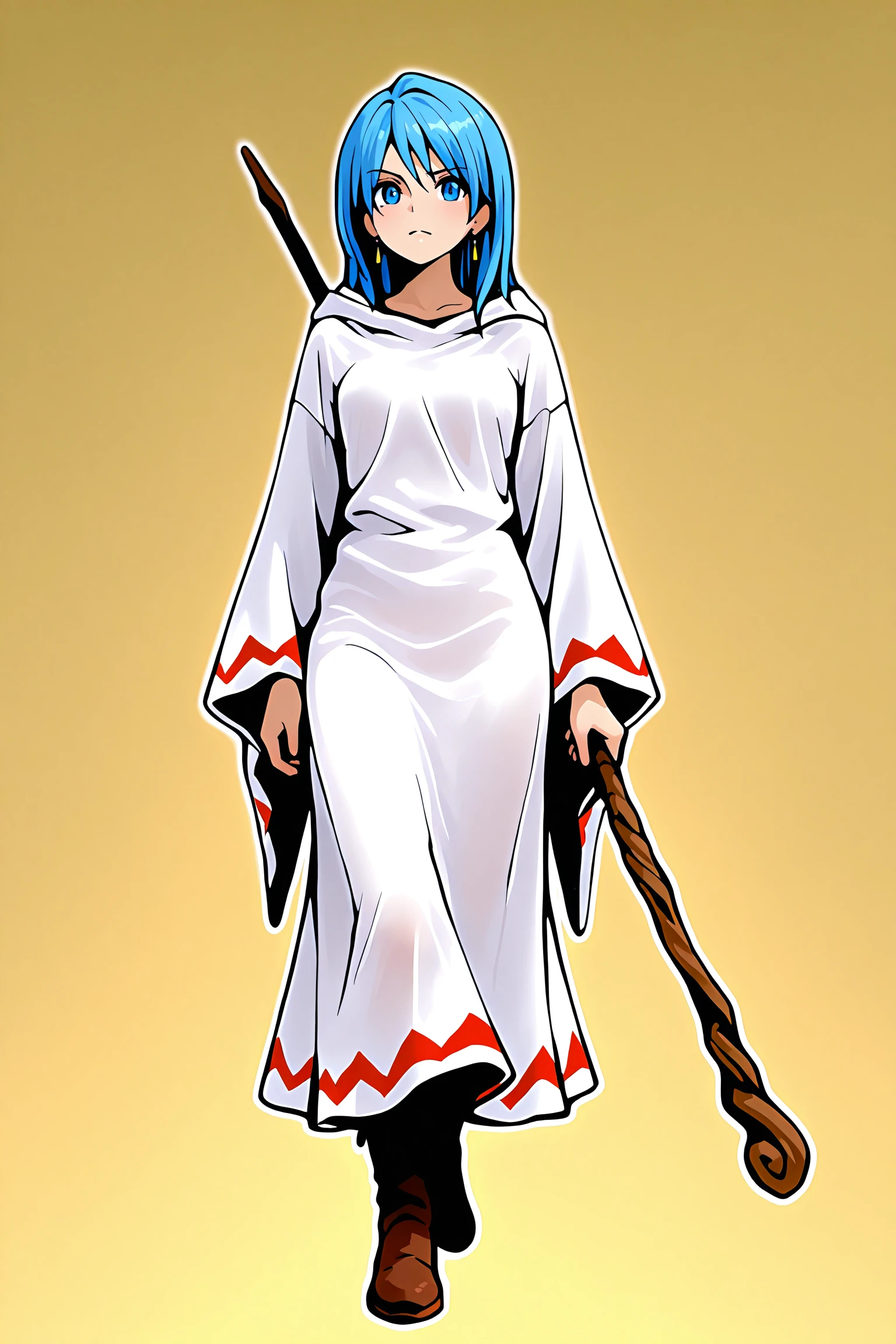 <lora:VeneAnsbachV2_illustrious:1>,sb_vene,white shirt, medium hair, earrings, 1girl, solo,boots,blue eyes,blue hair,, masterpiece, best quality, amazing quality, newest,detailed face, beautiful eye, <lora:White_mage_Illustrious:1>,white mage_cos,white mage,hood,robe,long sleeves,boots,staff,holding staff,