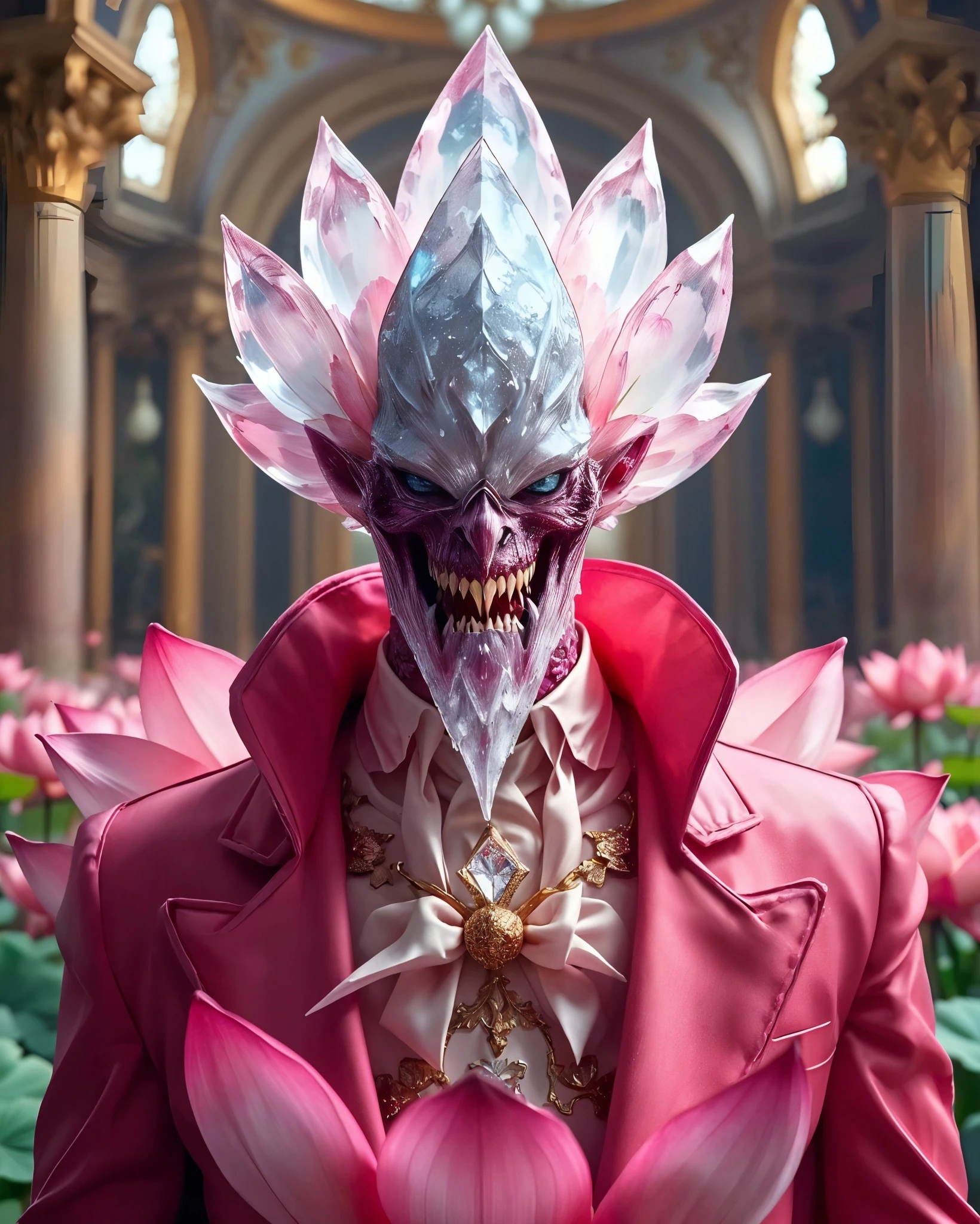 A fantastical character with a menacing skeletal visage and sharp fangs, wearing a vibrant pink jacket adorned with ornate details. Their head is crowned with large, translucent petals resembling a flower, which transition from pink to clear at the tips. The background features a lush setting filled with lotus flowers, and elegant architecture, adding to the surreal atmosphere. The character exudes a blend of elegance and danger, highlighted by striking blue eyes.