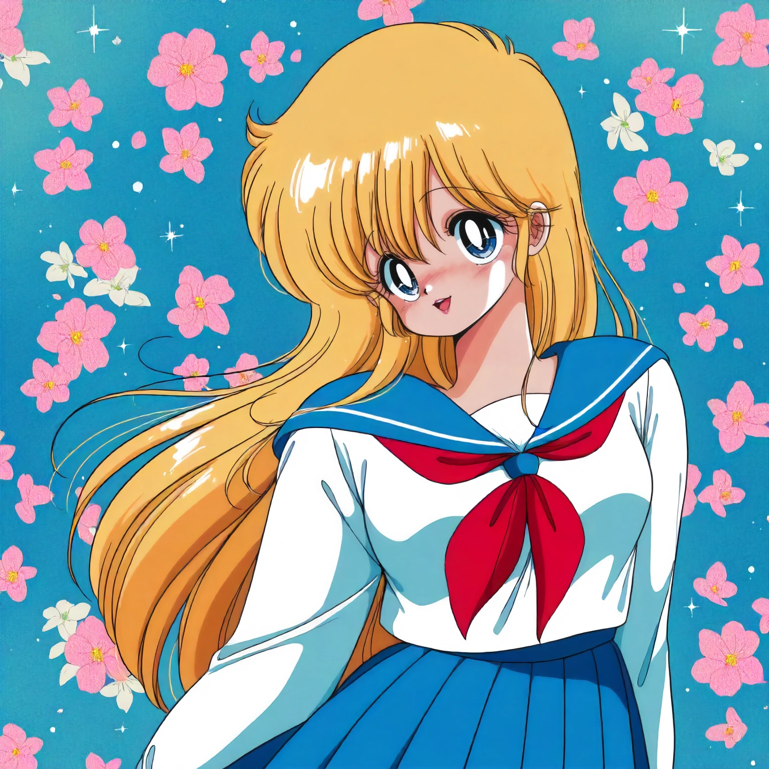 <lora:1+2P_nakamura_yukaXLIllustrious002>,
masterpiece,best quality,good quality,newest,
flower background,glitter,
smile,open mouth,
looking at viewer,
solo,
anime coloring,retro artstyle,1980s (style),
nakamura_yuka\(1+2=paradise\),1girl,blonde hair,long hair,blue eyes,lips,
blue sailor color,white shirt,red_neckerchief,long_sleeves,
blue skirt,pleated_skirt,
cowboy shot,
standing,