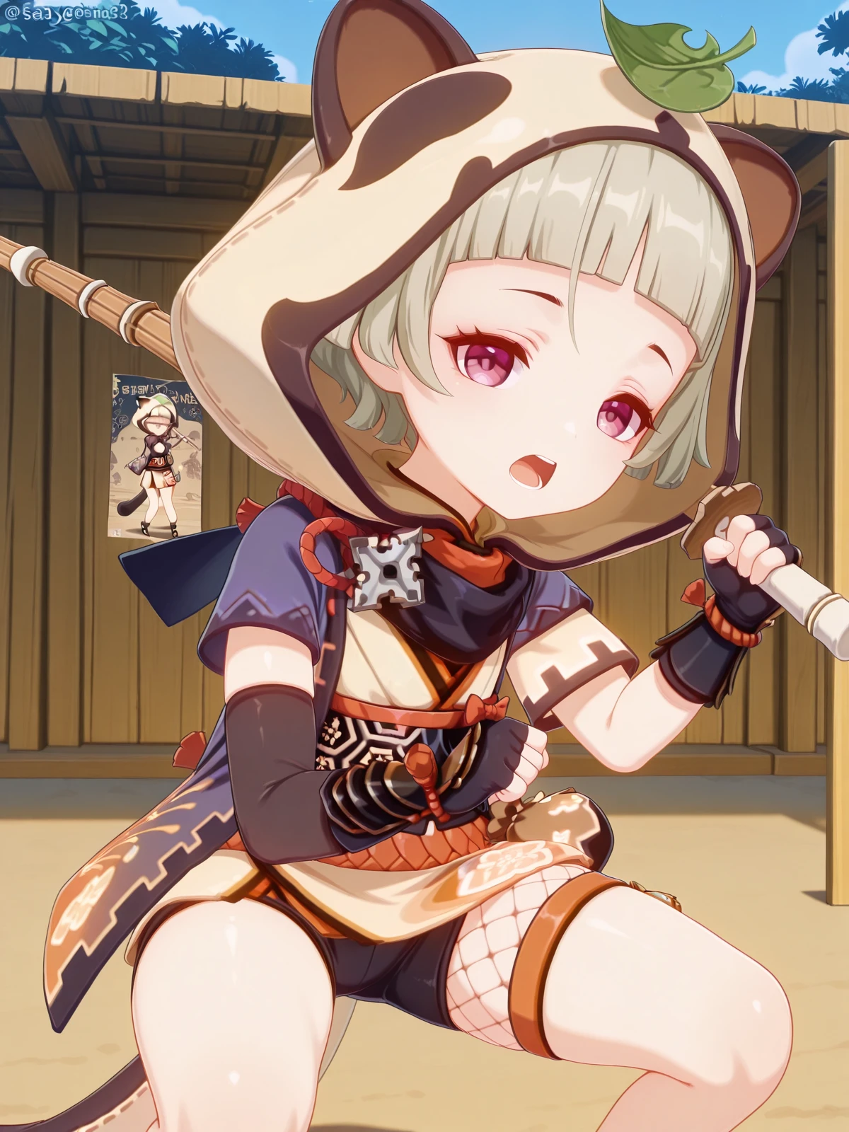 masterpiece, best quality, amazing quality,, <lora:genshin-sayu-ingame-illustriousxl-lora-nochekaiser:1>, sayu, sayu (genshin impact), short hair, purple eyes, tail, grey hair, blunt bangs, 3d, gloves, animal ears, tail, short sleeves, shorts, japanese clothes, black gloves, elbow gloves, hood, fingerless gloves, kimono, scarf, short shorts, fake animal ears, thigh strap, black shorts, leaf, fishnets, bike shorts, fake tail, animal hood, ninja, raccoon ears, short kimono, black scarf, leaf on head, raccoon tail, arm guards, yellow kimono, <lora:slav-squatting-illustriousxl-lora-nochekaiser:1>, slav squatting, solo, looking at viewer, open mouth, holding, weapon, teeth, sword, holding weapon, holding sword, squatting, over shoulder, weapon over shoulder, wooden sword, shinai, bokken,, convention, crowd, booths, posters, event, cowboy shot, solo, looking at viewer,