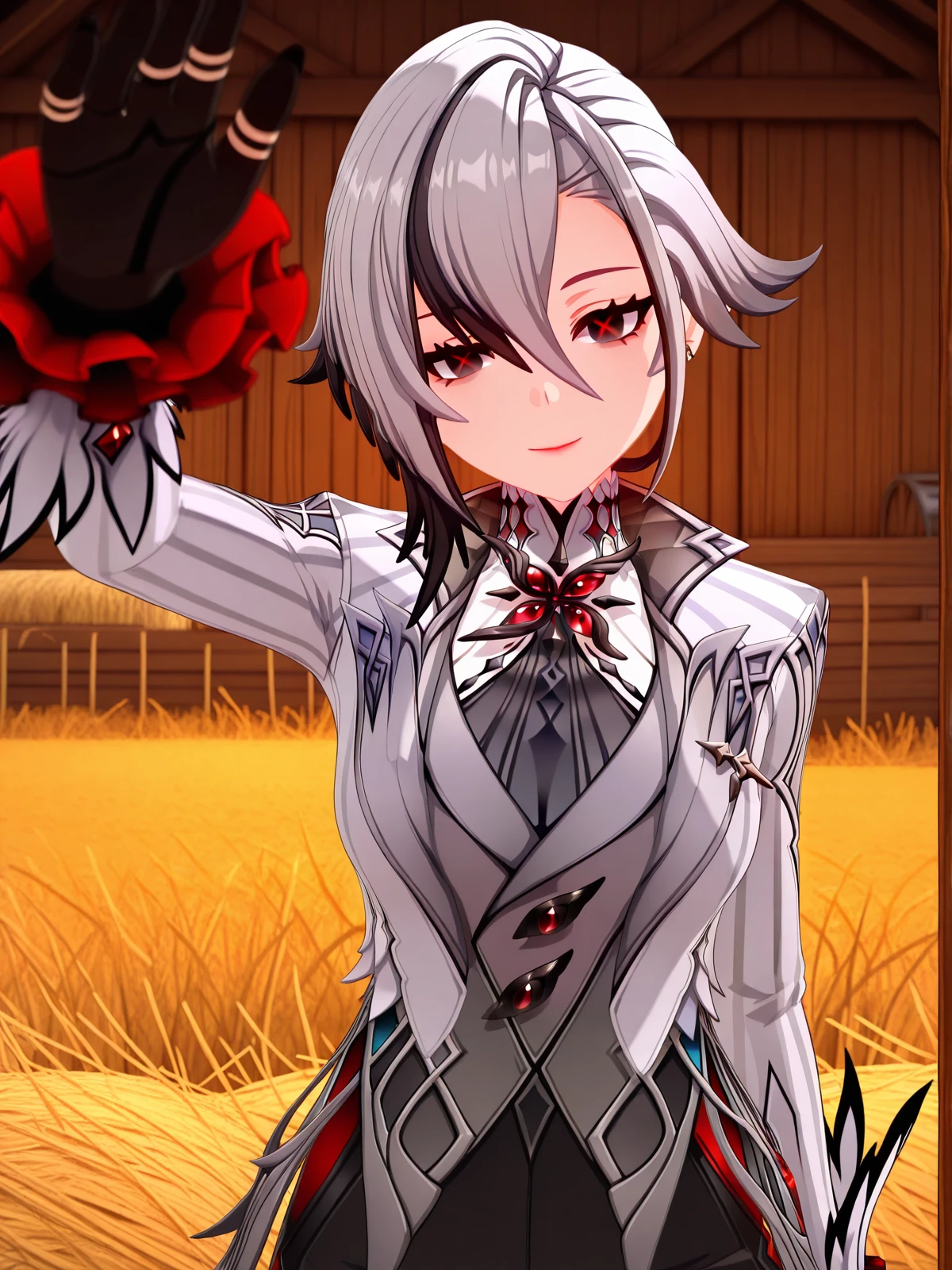 masterpiece, best quality, amazing quality,, <lora:genshin-arlecchino-ingame-illustriousxl-lora-nochekaiser:1>, arlecchino, arlecchino (genshin impact), short hair, black hair, hair between eyes, white hair, grey hair, multicolored hair, black eyes, two-tone hair, streaked hair, symbol-shaped pupils, red pupils, x-shaped pupils, mature female, large breasts, 3d, long sleeves, gloves, jacket, black gloves, pants, coat, black pants, suit,, <lora:incoming-headpat-illustriousxl-lora-nochekaiser:1>, incoming headpat, headpat, pov, outstretched arm, reaching, reaching towards viewer, looking at viewer, head tilt, closed eyes, smile, upper body, barn, animals, hay, farming, rural, cowboy shot, solo, looking at viewer,