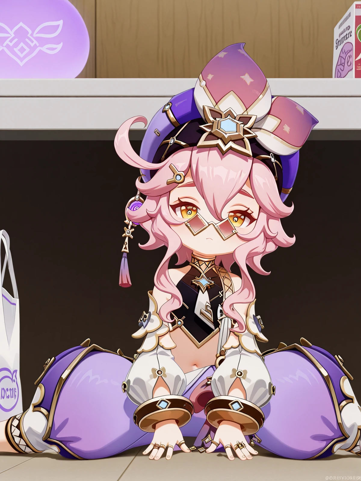 masterpiece, best quality, amazing quality,, <lora:genshin-dori-ingame-illustriousxl-lora-nochekaiser:1>, dori, dori (genshin impact), hair ornament, hair between eyes, yellow eyes, pink hair, ahoge, sidelocks, symbol-shaped pupils, sunglasses, short hair with long locks, 3d, shirt, long sleeves, hair ornament, hat, jewelry, bare shoulders, detached sleeves, sleeveless, pants, puffy sleeves, midriff, stomach, bracelet, crop top, black shirt, sleeveless shirt, sunglasses, ring, puffy long sleeves, white sleeves, tinted eyewear, purple headwear, multiple rings, pince-nez, purple pants, puffy detached sleeves, arabian clothes, puffy pants, harem pants, <lora:side-sitting-split-illustriousxl-lora-nochekaiser:1>, side sitting split, sitting split, split, flexible, stretching, on floor, spread legs, yoga pants, sports bra, looking at viewer, navel, grocery store, cashier, shopping bag, scanning items, small talk, everyday routine, cowboy shot, solo, looking at viewer,