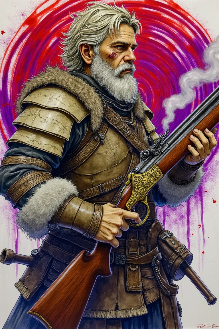 A painting by HOPEGANG of a tan-skinned warrior with a rugged jawline, scarred cheek, and messy ash-blond hair; standing against a swirling red-and-purple ink-blot background; wearing mismatched scavenger armor adorned with strips of fur and engraved bone plates; holding a massive double-barreled flintlock rifle with intricate brass inlays, its barrel smoking faintly; side lighting highlighting the gun’s metalwork and the fur’s texture, creating a gritty, post-apocalyptic atmosphere.