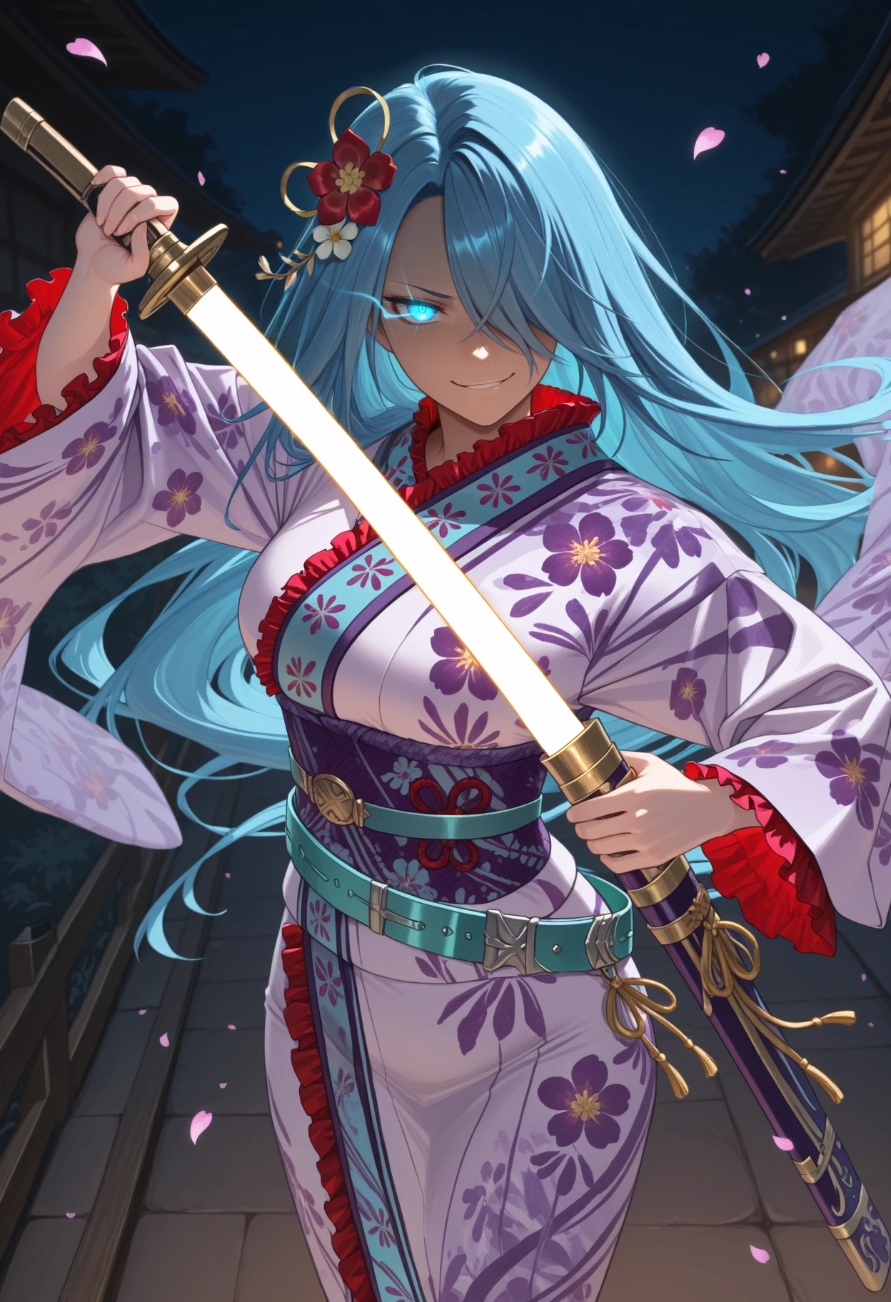 masterpiece, best quality, 1girl, looking at viewer, smirk, eye trail, glowing eye, drawing sword, sheath, <lora:LuciaFE-illu:1> smrLuc, blue hair, hair over one eye, long hair, hair flower, hair ornament, blue eyes, white kimono, floral print kimono, frilled kimono, medium breasts, long sleeves, purple obi, teal belt, zouri, night, falling petals, outdoors