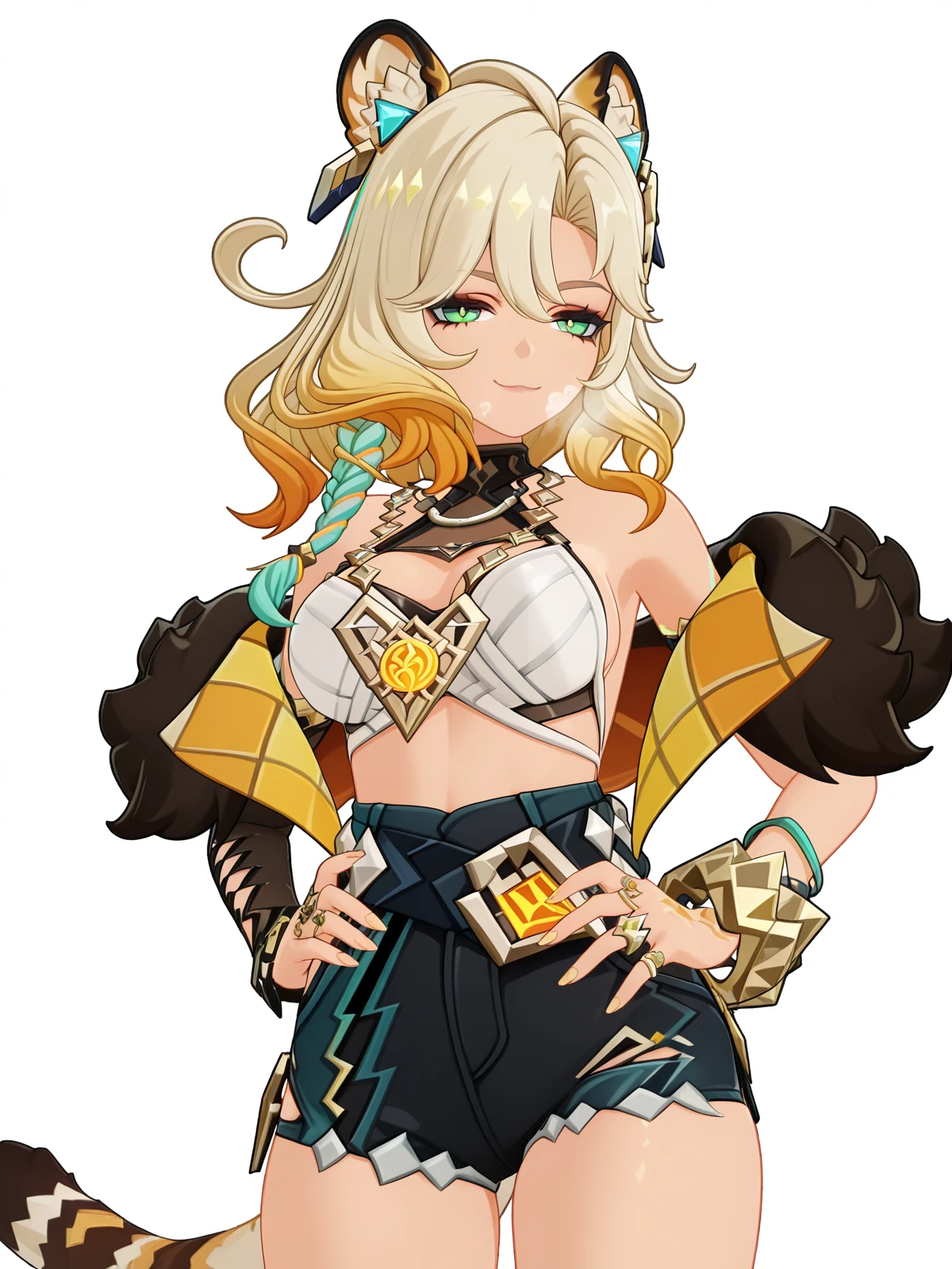 masterpiece, best quality, amazing quality,, <lora:genshin-xilonen-ingame-illustriousxl-lora-nochekaiser:1>, xilonen, xilonen (genshin impact), long hair, blonde hair, hair ornament, animal ears, green eyes, tail, multicolored hair, gradient hair, tiger ears, tiger tail, tiger girl, mature female, large breasts, 3d, jewelry, bare shoulders, jacket, shorts, off shoulder, bracelet, fur trim, short shorts, sideboob, black shorts, ring, denim shorts,, smug, hands on own hip,, snow day, winter clothes, snowball fight, laughter, cold breath, white landscape, cowboy shot, solo, looking at viewer, <lora:transparent-background-illustriousxl-lora-nochekaiser:1>, transparent background, simple background, white background