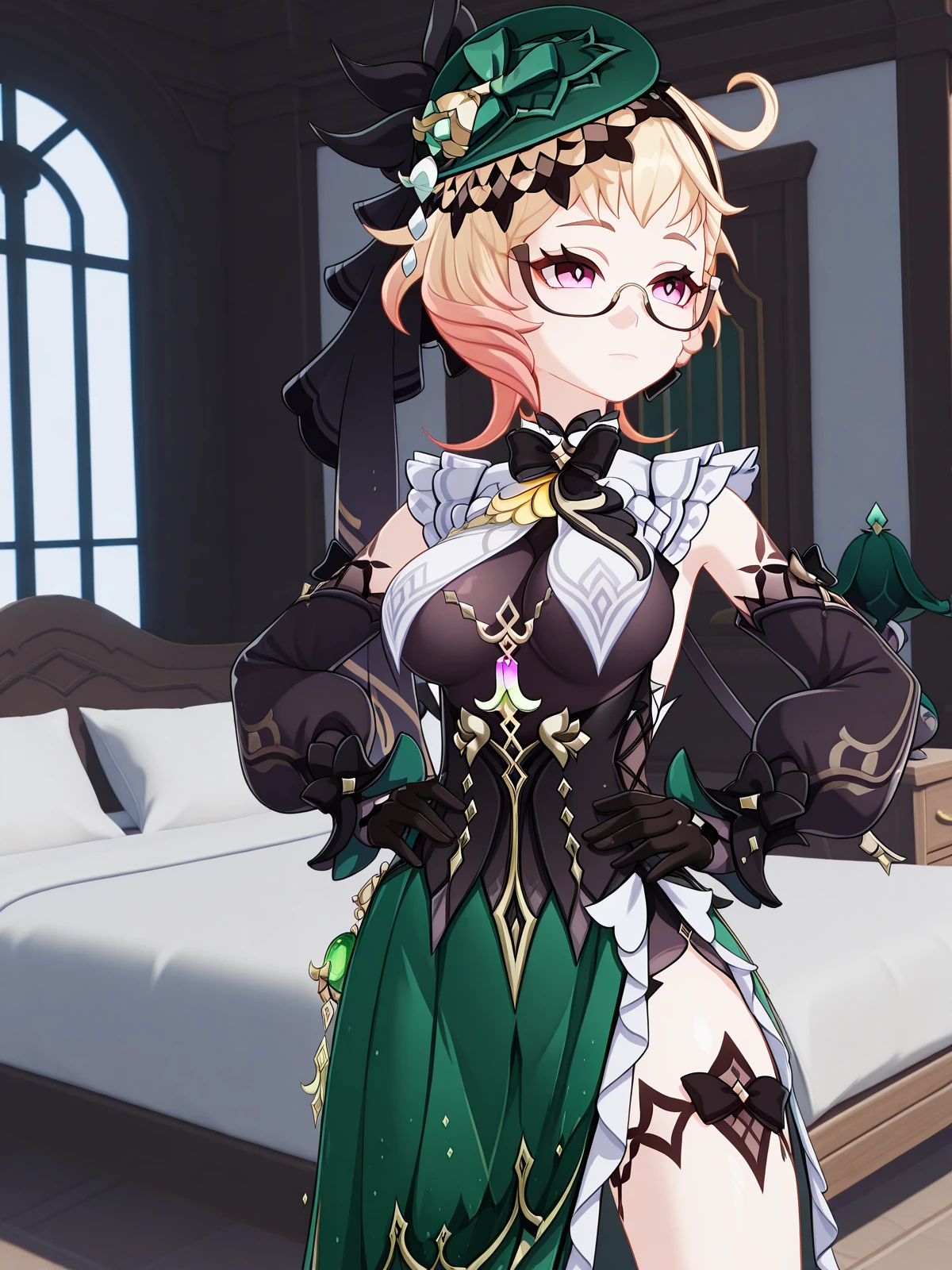masterpiece, best quality, amazing quality,, <lora:genshin-emilie-ingame-illustriousxl-lora-nochekaiser:1>, emilie, emilie (genshin impact), short hair, blonde hair, pink eyes, ahoge, multicolored hair, glasses, gradient hair, semi-rimless eyewear, mature female, medium breasts, 3d, bare shoulders, black bow, black bowtie, black corset, black gloves, black ribbon, black shirt, bowtie, breast curtains, corset, detached sleeves, fascinator, green hat, green skirt, hat, long sleeves, side slit, skirt, sleeveless, sleeveless shirt,, <lora:kung-fu-illustriousxl-lora-nochekaiser:1>, kung fu, martial arts, training, fighting stance, cowboy shot, hands on own hips, bedroom, bed, pillows, nightstand, window, cowboy shot, solo, looking at viewer, <lora:transparent-background-illustriousxl-lora-nochekaiser:1>, transparent background, simple background, white background