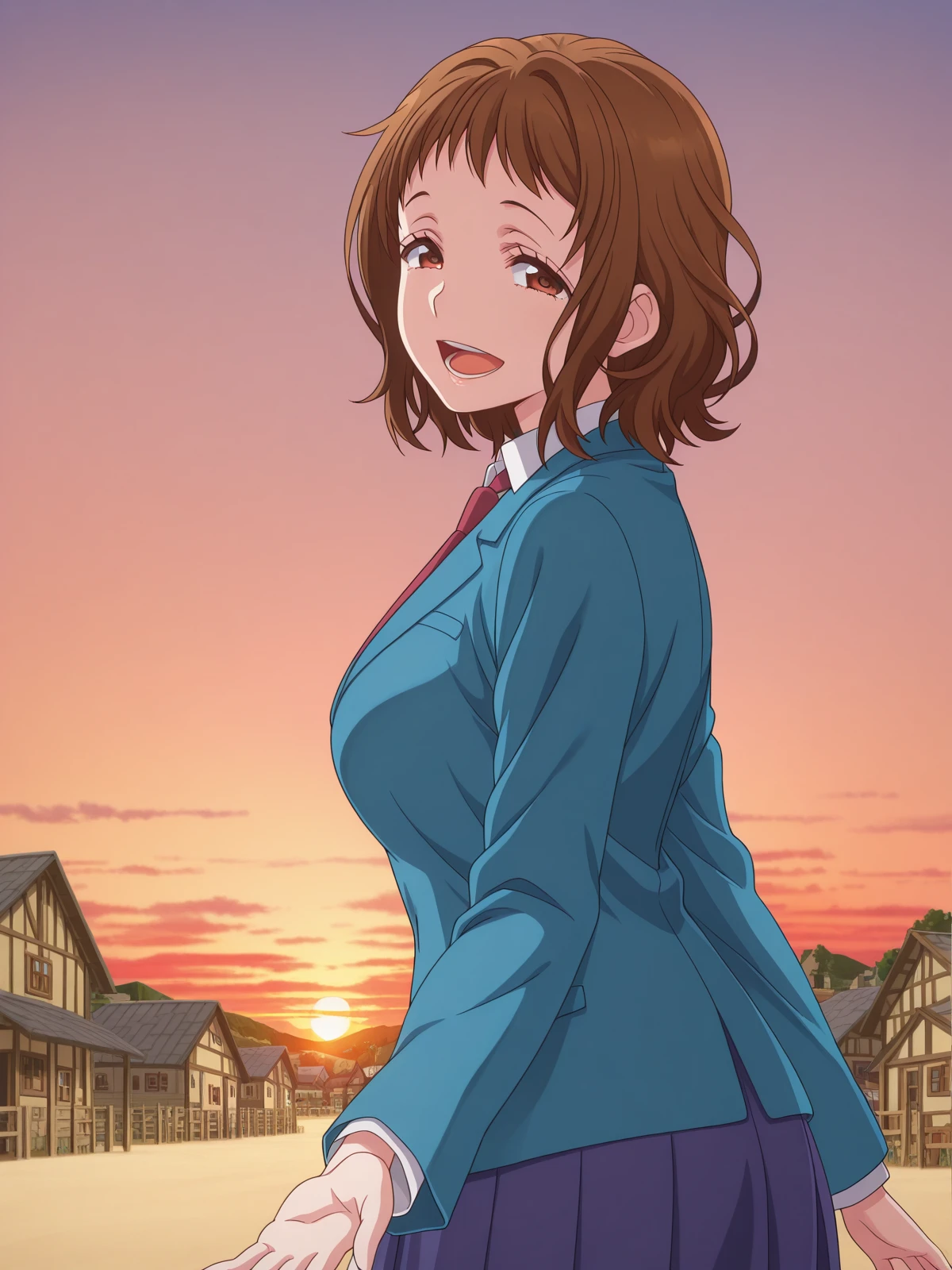 masterpiece, best quality, amazing quality,, <lora:miou-aida-movie-illustriousxl-lora-nochekaiser:1>, miou aida, short hair, brown hair, brown eyes, mature female, medium breasts, anime screencap, skirt, jacket, pleated skirt, necktie, blazer, blue blazer, shirt, white shirt, collared shirt, red necktie, blue skirt,, <lora:looking-back-reaching-towards-viewer-illustriousxl-lora-nochekaiser:1>, looking back reaching towards viewer, looking at viewer, smile, looking back, open mouth, reaching towards viewer, beach, half-closed eyes, cowboy shot, sunset, village, houses, community, rural, farms, cowboy shot, solo, looking at viewer,