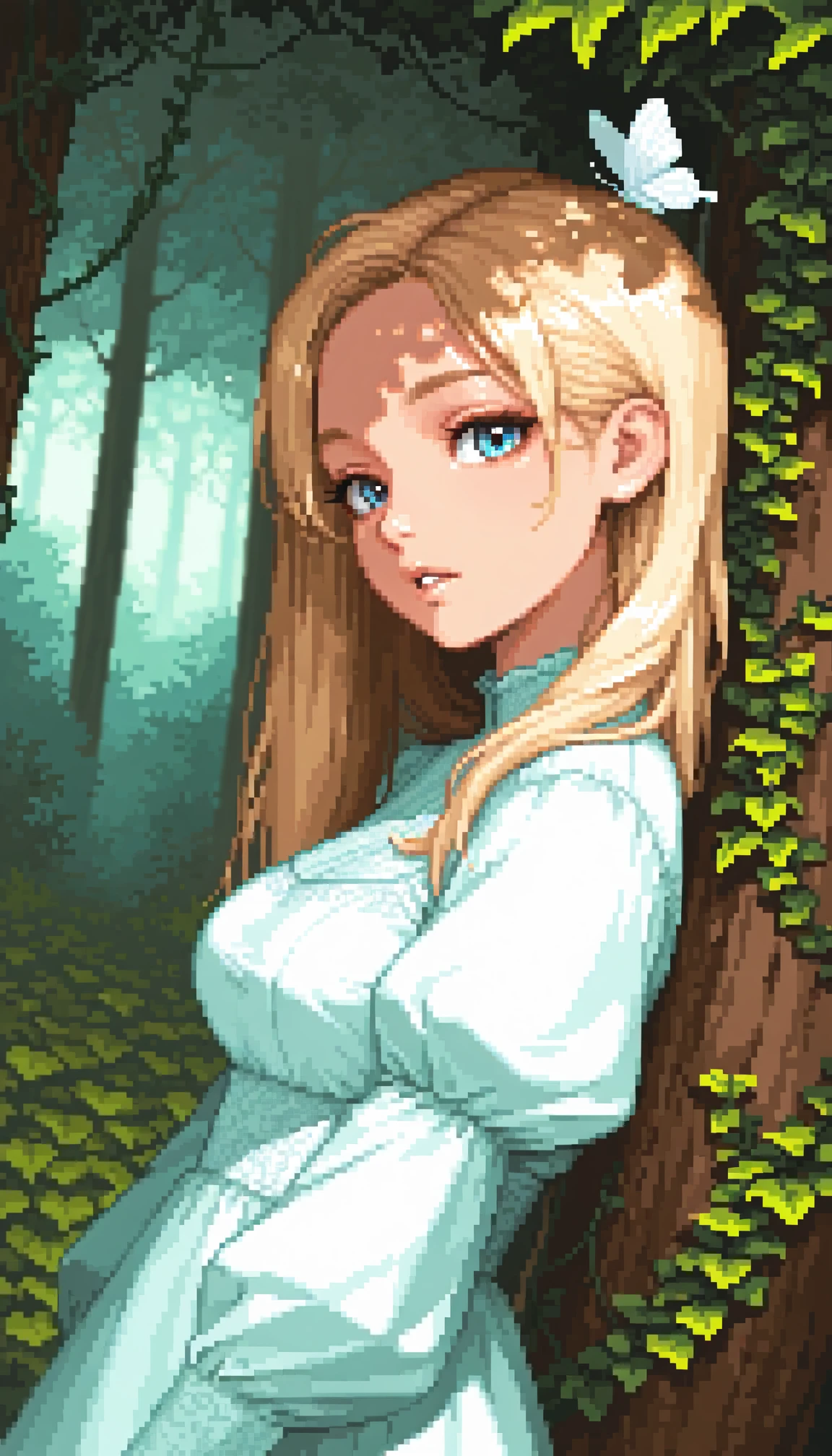 masterpiece, best quality, amazing quality, 4k, very aesthetic, ultra-detailed, (pixel art, dithering, pixelated, sprite art, 8-bit:1.2), (dappled sunlight:1.2), rim light, backlit, dramatic shadow, 1girl, long blonde hair, blue eyes, parted lips, medium breasts, puffy sleeve white dress, forest, flowers, white butterfly, looking at viewer, leaning side against tree, vines, green, arms, upper body, close-up, dutch angle, shiny skin, BREAK, dramatic shadow, depth of field, vignetting, volumetric lighting