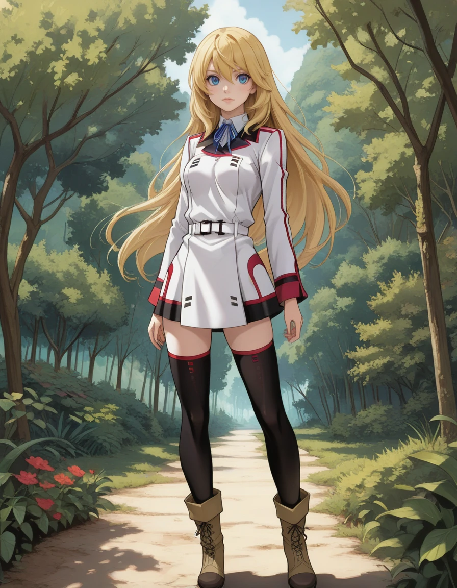 masterpiece, best quality,  <lora:myLovelyBlond:0.8> 1girl, long hair, blond hair, blue eyes,
outdoor, nature,
 <lora:IS_Uniform-000018:0.6> white isuni_uniform with red trim, isuni_short dress, white belt, short dress, notched collar with red trim, white and black skirt with red trim, blue neck ribbons, infistratos style, thighhighs, kneehhigh boots,
