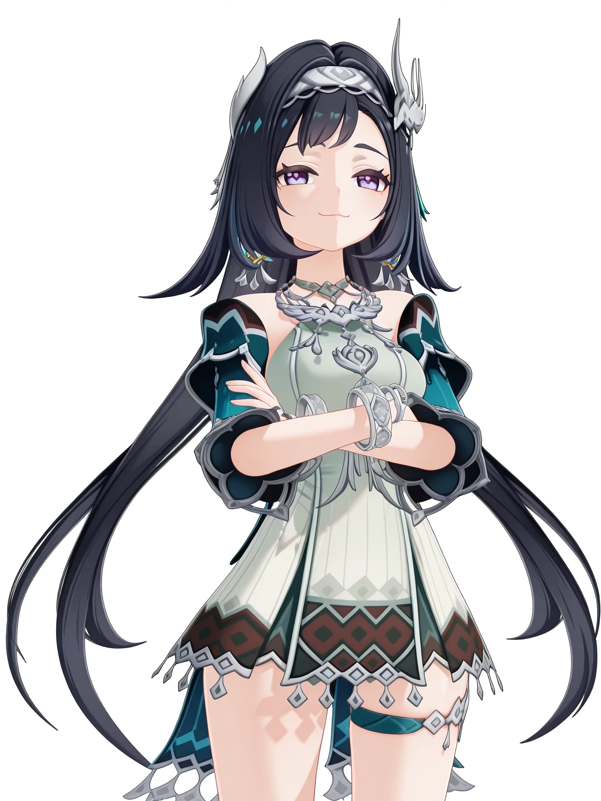 masterpiece, best quality, amazing quality,, <lora:genshin-lan-yan-ingame-illustriousxl-lora-nochekaiser:1>, lan yan, lan yan (genshin impact), long hair, black hair, hair ornament, purple eyes, hairband, mature female, medium breasts, 3d, skirt, dress, jewelry, jacket, white dress, necklace, bracelet, bracelet, crossed arms, smug, izakaya, drinks, food, stools, social, cowboy shot, solo, looking at viewer, <lora:transparent-background-illustriousxl-lora-nochekaiser:1>, transparent background, simple background, white background