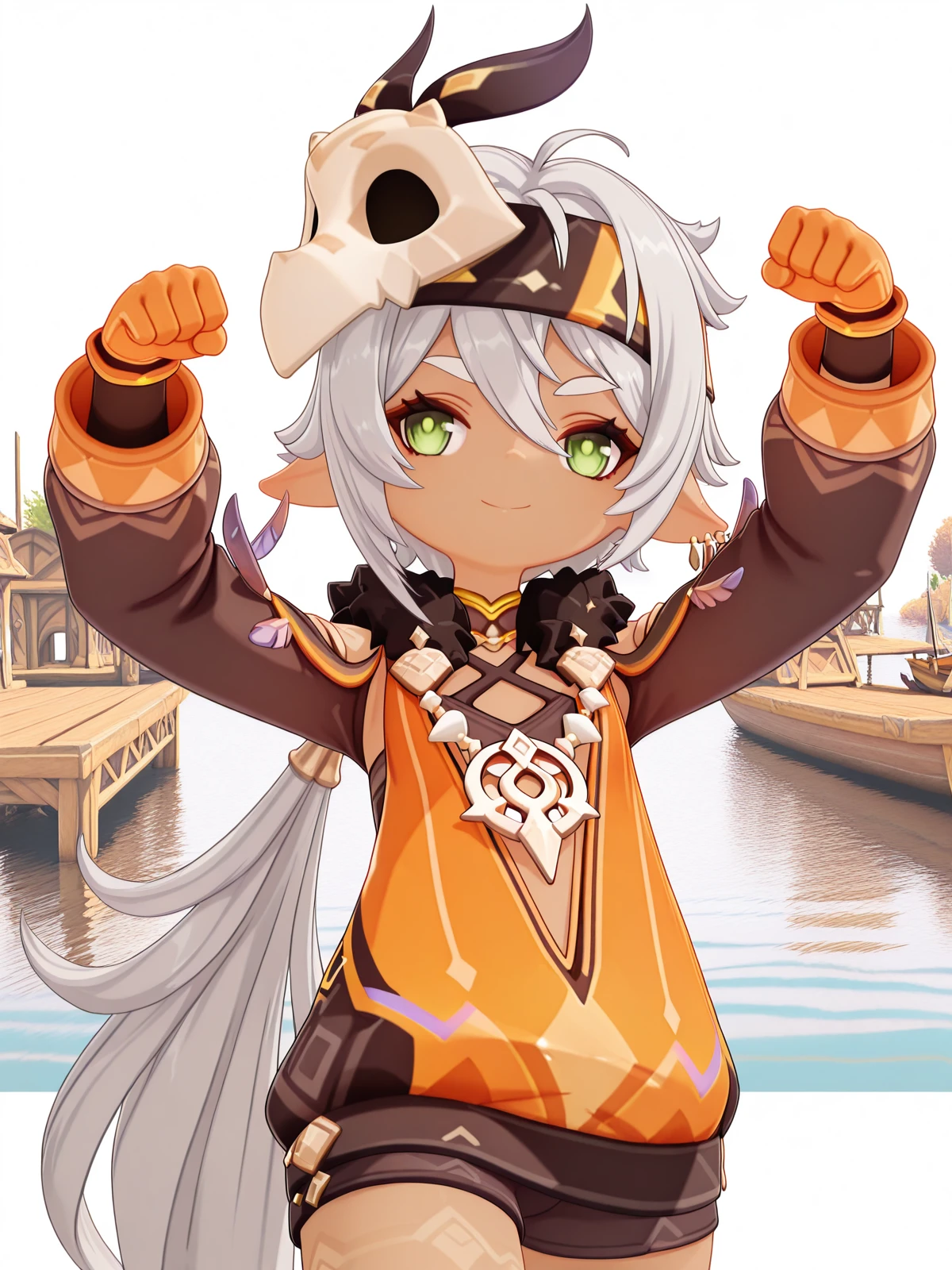 masterpiece, best quality, amazing quality,, <lora:genshin-iansan-ingame-illustriousxl-lora-nochekaiser:1>, iansan, iansan (genshin impact), long hair, hair ornament, hair between eyes, very long hair, green eyes, white hair, grey hair, ponytail, pointy ears, dark skin, dark-skinned female, 3d, long sleeves, gloves, jewelry, earrings, shorts, fur trim, mask, headband, feathers, feather hair ornament, mask on head, orange gloves, tooth necklace, <lora:archer-pose-illustriousxl-lora-nochekaiser:1>, archer pose, solo, smile, looking to the side, arms up, hands up,, dock, water, boats, wood, mooring, cowboy shot, solo, looking at viewer, <lora:transparent-background-illustriousxl-lora-nochekaiser:1>, transparent background, simple background, white background