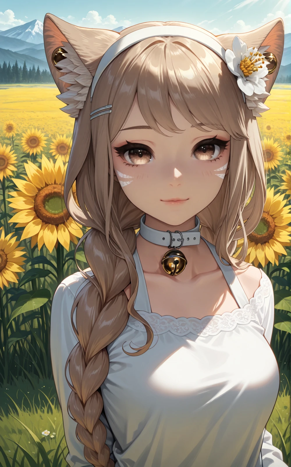 masterpiece,
Chilla, 1girl, solo, long hair, looking at viewer, bangs, hair ornament, long sleeves, animal ears, brown eyes, closed mouth, upper body, braid, flower, hairband, choker, cat ears, hair flower, collar, bell, facial mark, neck bell, light smile, 
flower field, sunflowers, day, outdoors, mountains in background, grass,
<lora:Chinchilla_-_AeriytheNeko_-_illustrious:0.7>