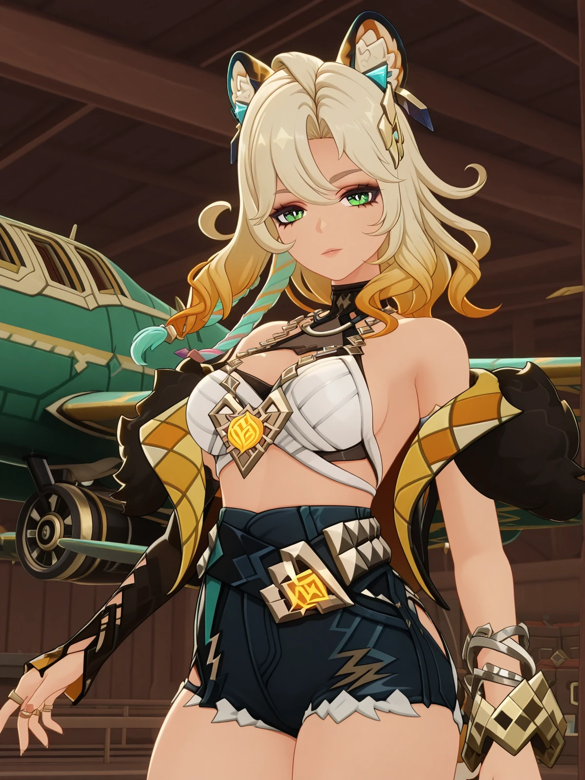 masterpiece, best quality, amazing quality,, <lora:genshin-xilonen-ingame-illustriousxl-lora-nochekaiser:1>, xilonen, xilonen (genshin impact), long hair, blonde hair, hair ornament, animal ears, green eyes, tail, multicolored hair, gradient hair, tiger ears, tiger tail, tiger girl, mature female, large breasts, 3d, jewelry, bare shoulders, jacket, shorts, off shoulder, bracelet, fur trim, short shorts, sideboob, black shorts, ring, denim shorts,, v,, hangar, planes, large, storage, aviation, cowboy shot, solo, looking at viewer,