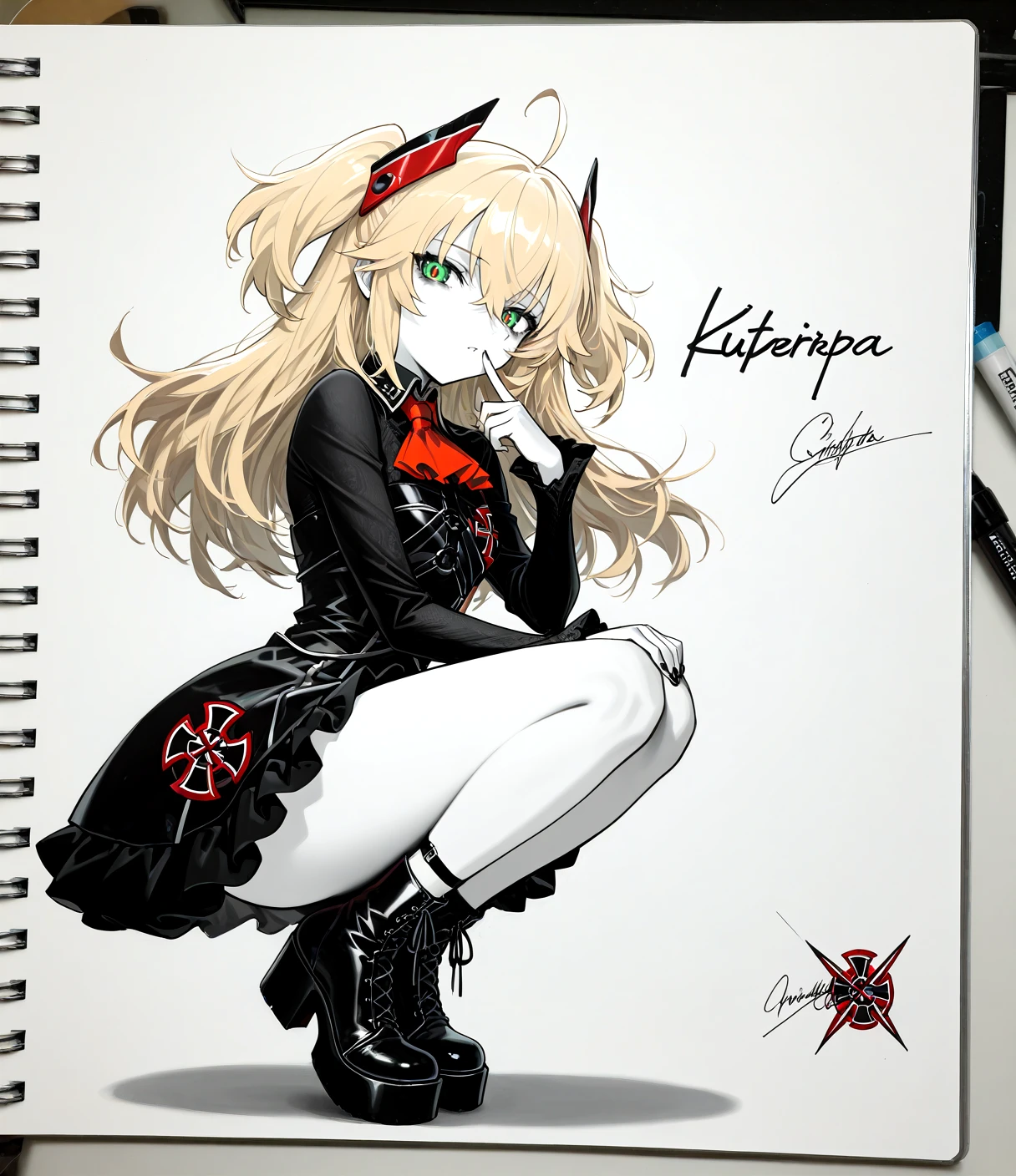 masterpiece, best quality, anime, BREAK 1girl, solo, from side, looking back,uwu,upper body, character signature,whiteboard (medium), marker (medium), monochrome, whiteboard, traditional media, photo (medium), sketch, head tilt, full body, rough lines, (greyscale:1.6), wide shot, shadow, spot color, finger to mouth,squatting, tiptoes, <lora:Tyber_Hipper Meta_AL_NOOB:1> HipperMETA, long hair, blonde hair, two-side up, hair between eyes, ahoge, green eyes, red pupils, bags under eyes, tsundere, small breasts, headgear, black collared shirt, long sleeves, red ascot, black sleeveless dress, frilled dress, short dress, chest strap, black nails, iron cross, ankle strap, black lace-up platform boots, black dress,