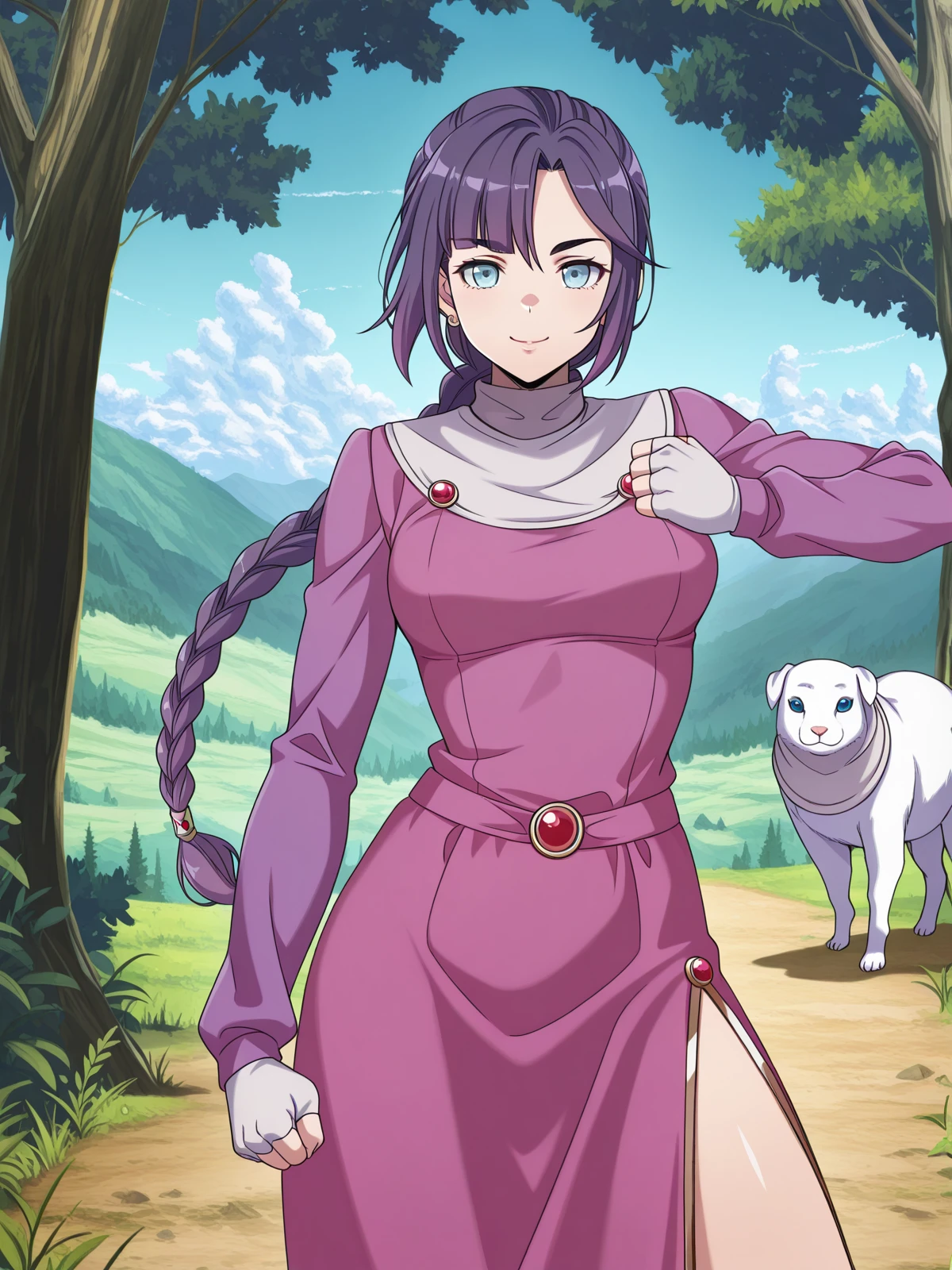 masterpiece, best quality, amazing quality,, <lora:mona-oc-illustriousxl-lora-nochekaiser:1>, mona, blue eyes, purple hair, long hair, braid, braided ponytail, parted bangs, mature female, medium breasts, anime screencap, fingerless gloves, hoop earrings, jewelry, white muffler scarf, side slit, pink dress, long sleeves, <lora:giorno-giovannas-pose-illustriousxl-lora-nochekaiser:1>, giorno giovannas pose, giorno giovanna's pose (jojo), jojo pose, hand up, clenched hand, hand on waist, smile, looking at viewer, cowboy shot,, nature, trees, animals, landscape, open, cowboy shot, solo, looking at viewer,