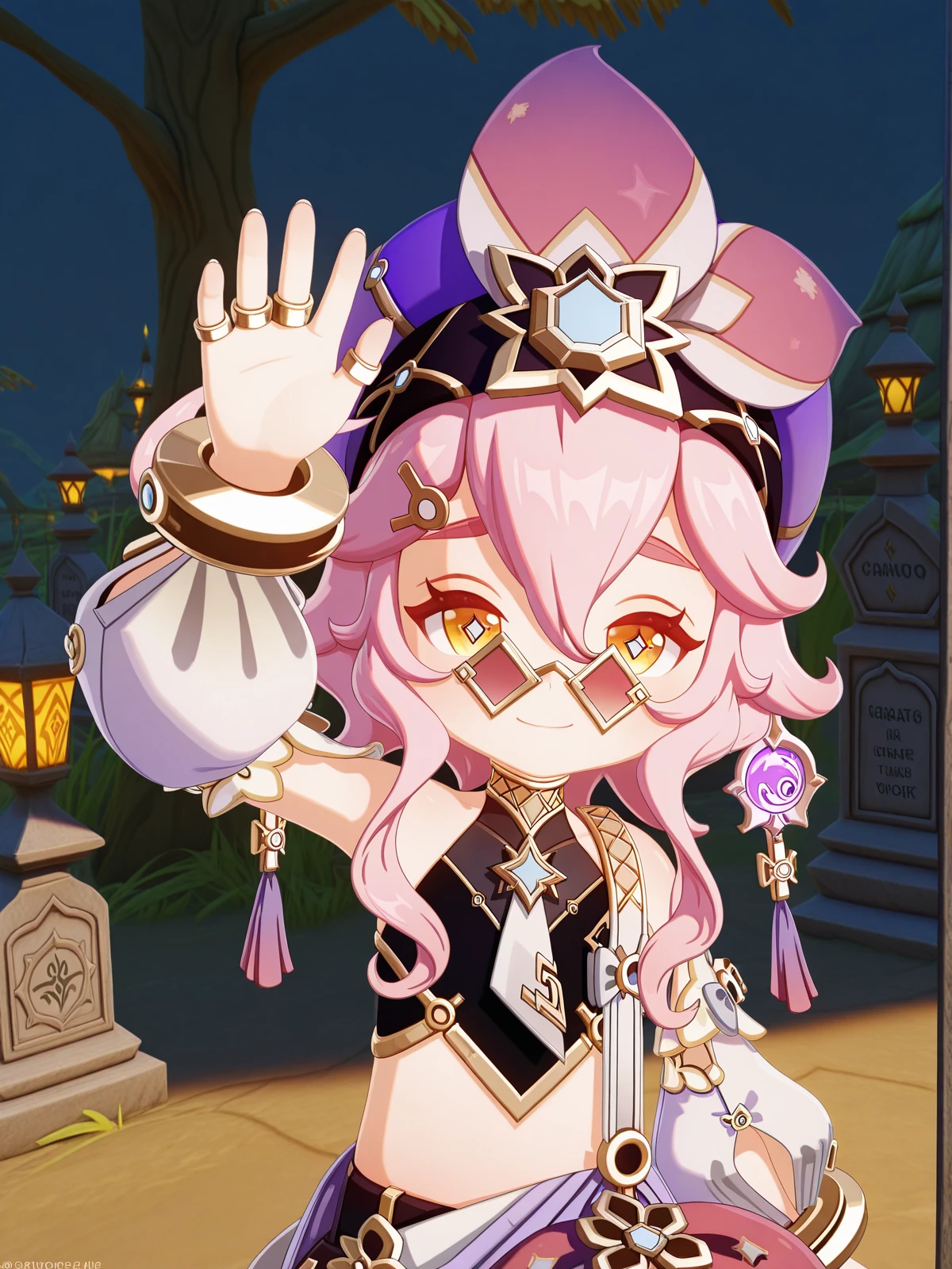 masterpiece, best quality, amazing quality,, <lora:genshin-dori-ingame-illustriousxl-lora-nochekaiser:1>, dori, dori (genshin impact), hair ornament, hair between eyes, yellow eyes, pink hair, ahoge, sidelocks, symbol-shaped pupils, sunglasses, short hair with long locks, 3d, shirt, long sleeves, hair ornament, hat, jewelry, bare shoulders, detached sleeves, sleeveless, pants, puffy sleeves, midriff, stomach, bracelet, crop top, black shirt, sleeveless shirt, sunglasses, ring, puffy long sleeves, white sleeves, tinted eyewear, purple headwear, multiple rings, pince-nez, purple pants, puffy detached sleeves, arabian clothes, puffy pants, harem pants, <lora:incoming-headpat-illustriousxl-lora-nochekaiser:1>, incoming headpat, headpat, pov, outstretched arm, reaching, reaching towards viewer, looking at viewer, smile,, graveyard, tombstones, dark, trees, eerie, cowboy shot, solo, looking at viewer,