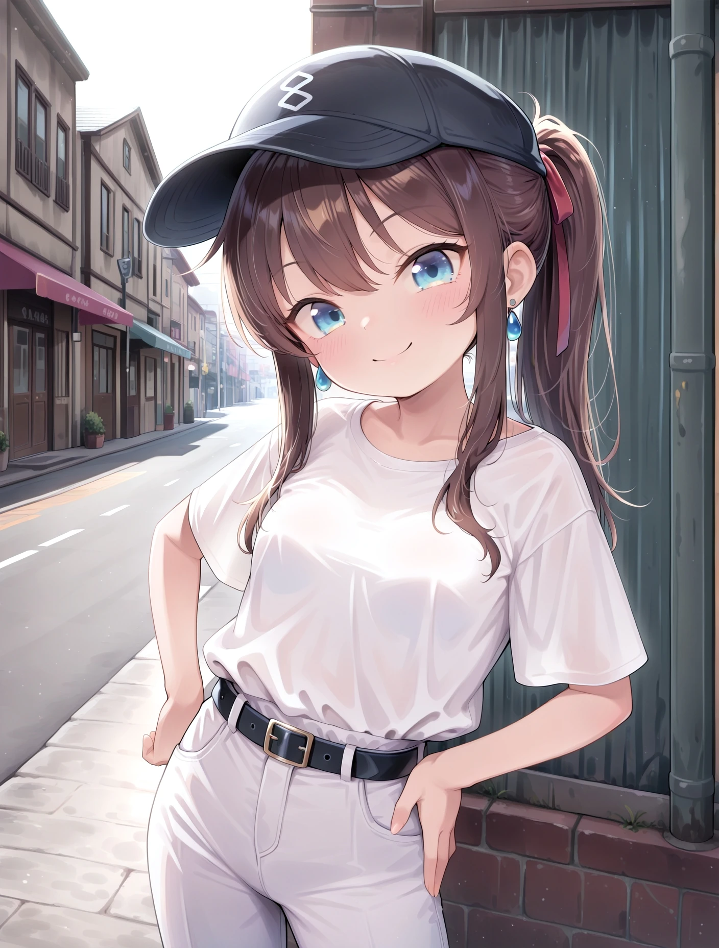 1girl, petite, small ,
long hair, brown hair, ponytail, hair ribbon, blue eyes,
white t-shirt, white pants, belt, earrings, hand on own hip, flat cap, loose shirt,
street, hand on own hip, leaning to the side, smile, ZSA_IL_Pos,