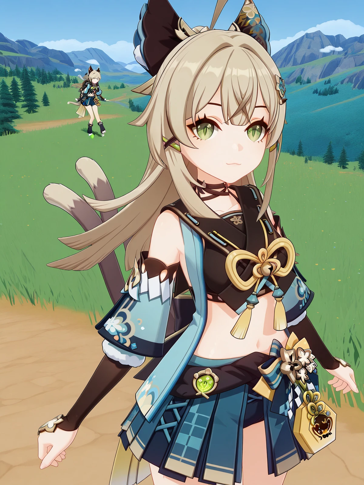 masterpiece, best quality, amazing quality,, <lora:genshin-kirara-ingame-illustriousxl-lora-nochekaiser:1>, kirara, kirara (genshin impact), long hair, brown hair, hair ornament, animal ears, green eyes, tail, ahoge, sidelocks, hairclip, cat ears, cat tail, light brown hair, cat girl, multiple tails, two tails, nekomata, mature female, small breasts, 3d, skirt, long sleeves, bare shoulders, pleated skirt, detached sleeves, choker, midriff, miniskirt, vest, crop top, blue skirt, black choker, black tank top, nekomata, sleeveless coat, from above,, mountain trail, hiking, nature, backpack, adventure, fresh air, cowboy shot, solo, looking at viewer, <lora:transparent-background-illustriousxl-lora-nochekaiser:1>, transparent background, simple background, white background