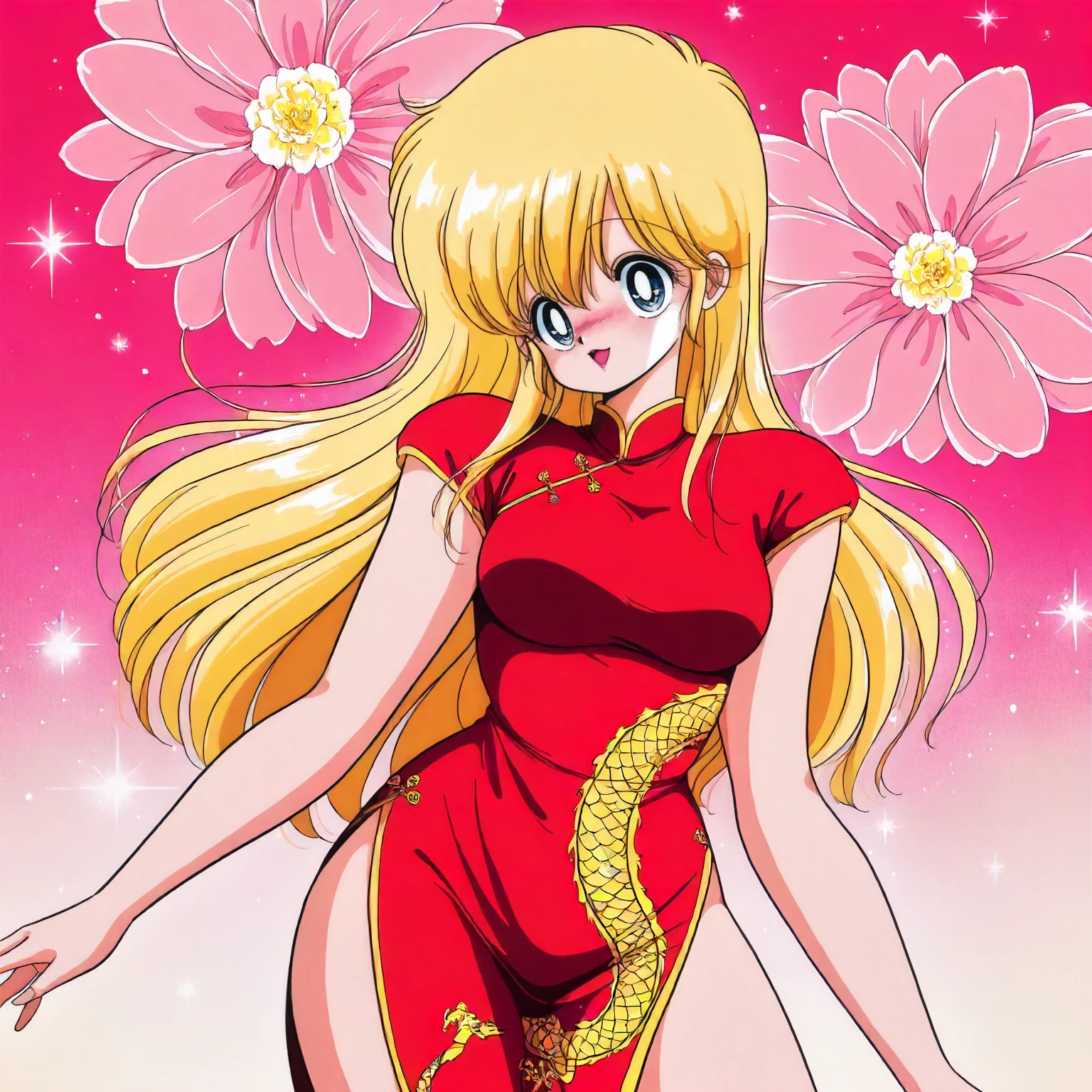 <lora:1+2P_nakamura_yukaXLIllustrious002>,
masterpiece,best quality,good quality,newest,
flower background,glitter,
smile,open mouth,
looking at viewer,
solo,
anime coloring,retro artstyle,1980s (style),
nakamura_yuka\(1+2=paradise\),1girl,blonde hair,long hair,blue eyes,lips,
cowboy shot,
standing,
print_cheongsam,red china_dress,dragon print,