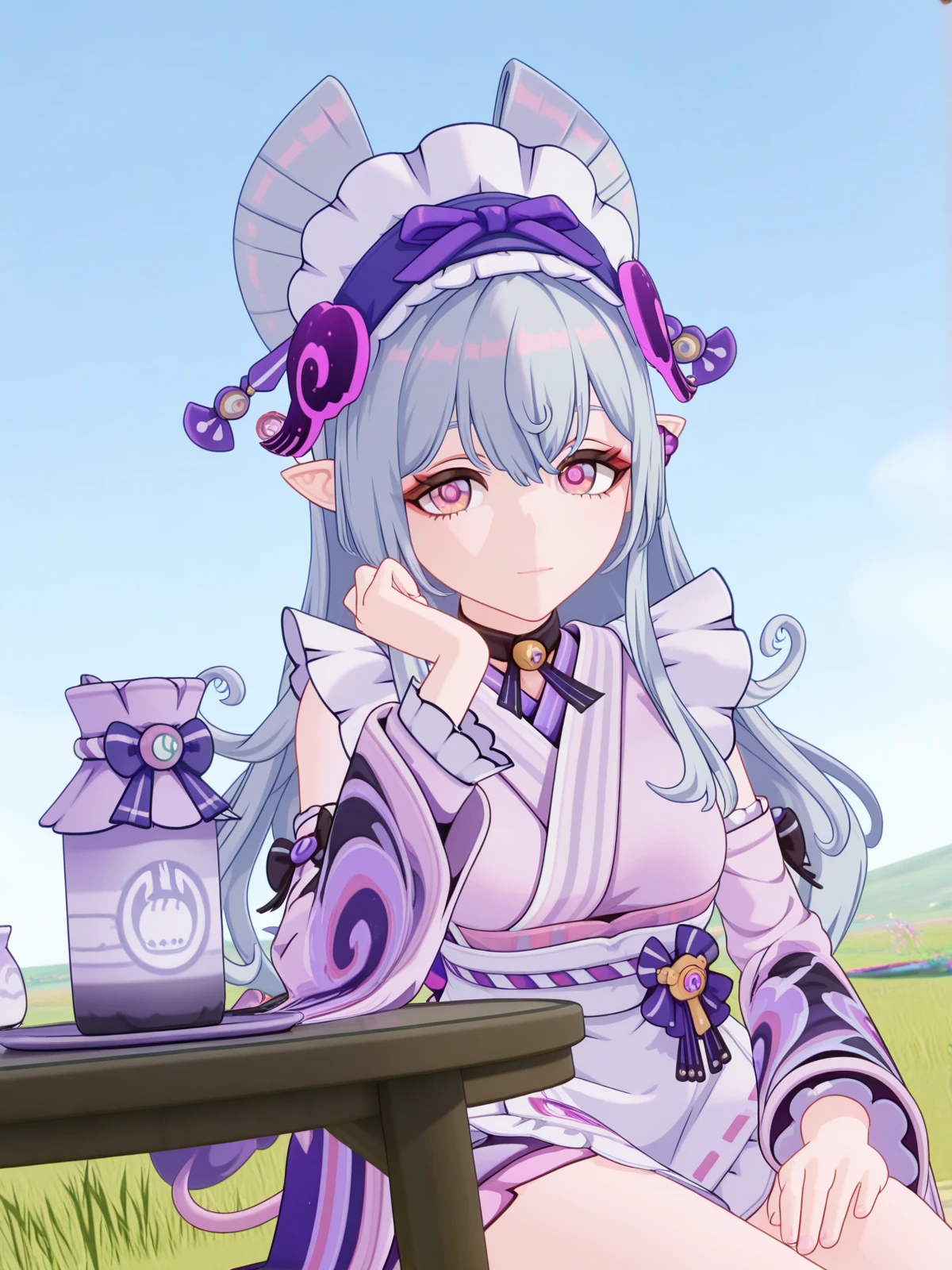 masterpiece, best quality, amazing quality,, <lora:genshin-mizuki-yumemizuki-ingame-illustriousxl-lora-nochekaiser:1>, mizuki yumemizuki, long hair, purple eyes, tail, grey hair, hairband, pointy ears, pink eyes, mature female, medium breasts, 3d, long sleeves, bow, frills, detached sleeves, japanese clothes, wide sleeves, kimono, apron, maid, sash, maid headdress, white apron, waist apron, purple kimono, wa maid, sitting, elbow rest, table,, plain, grass, open, vast, sky, cowboy shot, solo, looking at viewer,
