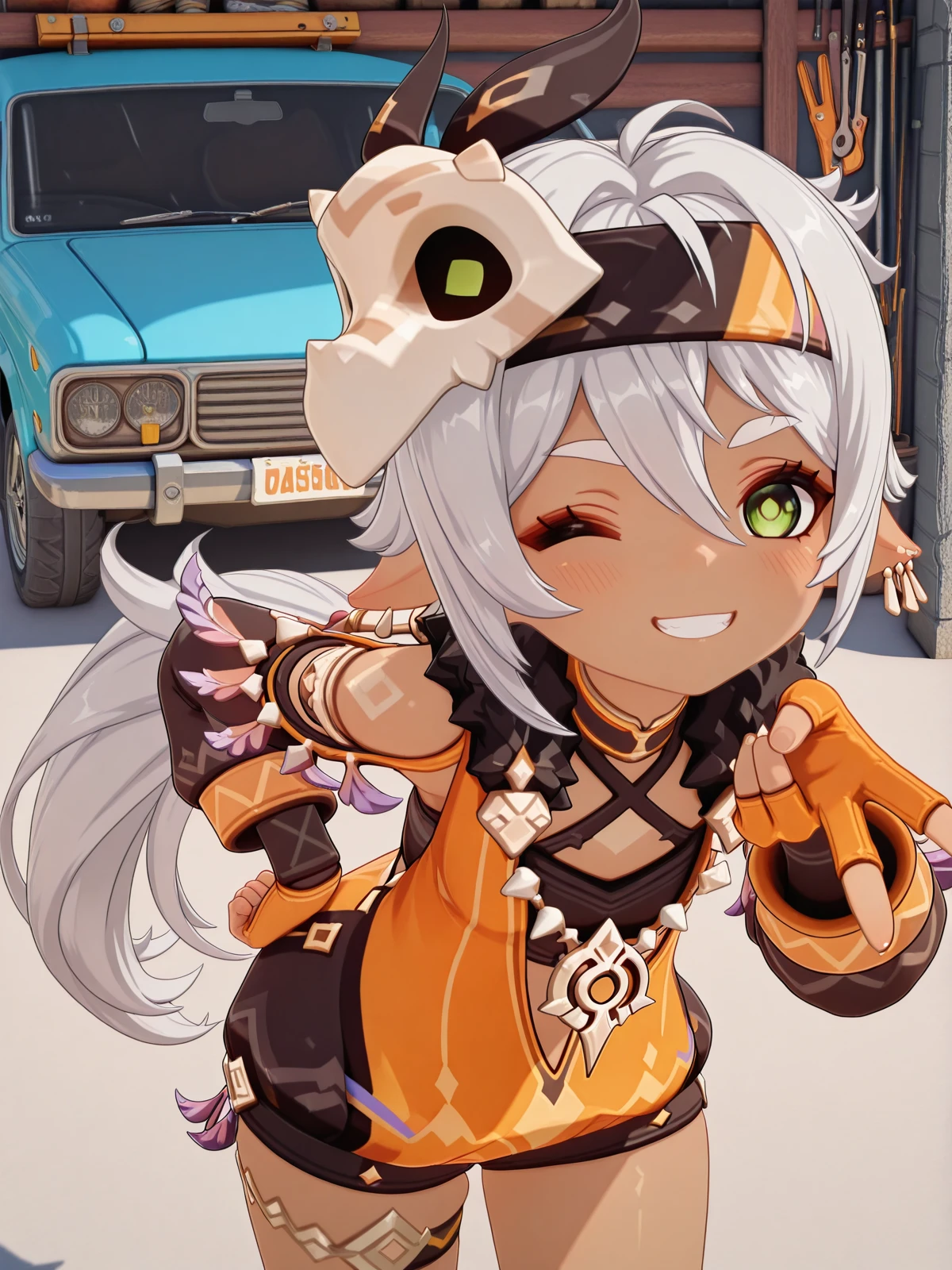 masterpiece, best quality, amazing quality,, <lora:genshin-iansan-ingame-illustriousxl-lora-nochekaiser:1>, iansan, iansan (genshin impact), long hair, hair ornament, hair between eyes, very long hair, green eyes, white hair, grey hair, ponytail, pointy ears, dark skin, dark-skinned female, 3d, long sleeves, gloves, jewelry, earrings, shorts, fur trim, mask, headband, feathers, feather hair ornament, mask on head, orange gloves, tooth necklace, <lora:gyaru-v-illustriousxl-lora-nochekaiser:1>, gyaruv, solo, looking at viewer, blush, smile, teeth, one eye closed, grin, hand on own hip, v, leaning forward,, garage, car, tools, mechanic, repair, cowboy shot, solo, looking at viewer,