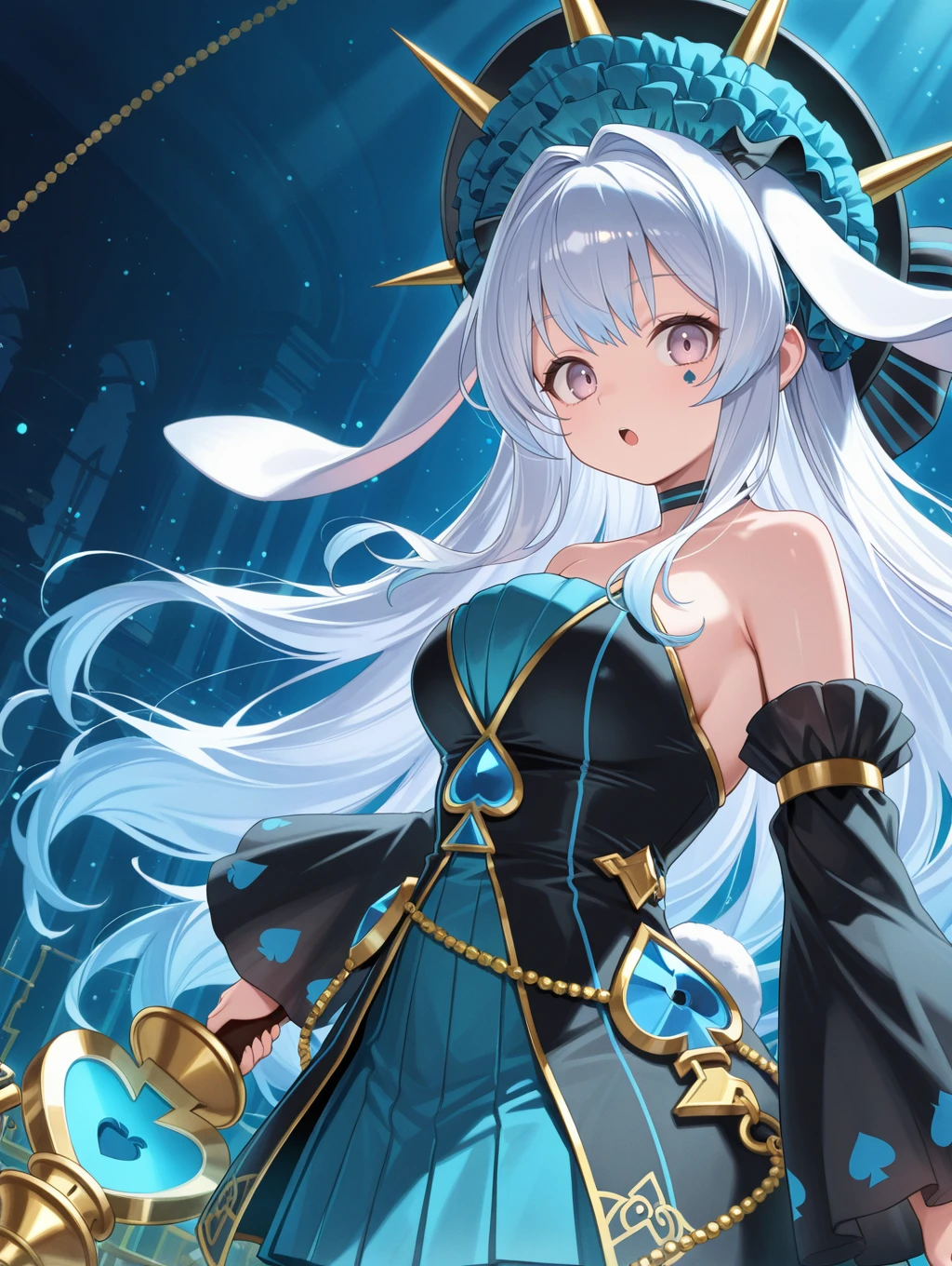 1girl, solo, open mouth, looking at viewer, blue background, :o, malice pawn march hare, rabbit ears, black choker, from side, black detached sleeves, black headdress, black strapless dress, blue spade facial mark, gold chain, spade \(shape\), holding gold sword, gold sword, frilled headdress bow,
masterpiece,best quality,amazing quality,very aesthetic,absurdres,newest,scenery,extreme detail,8k,light particles,soft lighting,volumetric lighting,intricate details,finely detailed,<lora:MALICE Pawn March Hare illusXL v2:0.75>,