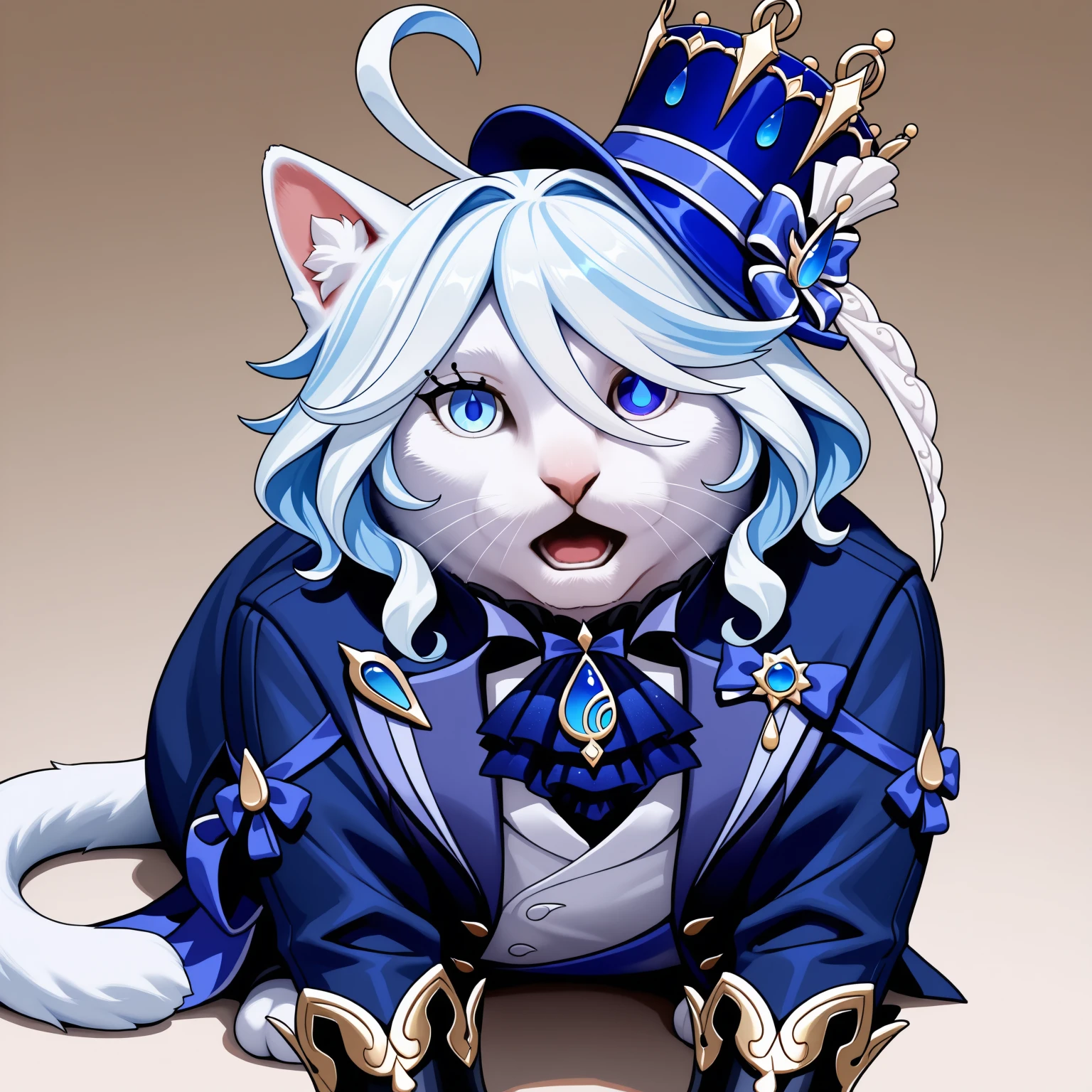 animalization, cat, furina \(genshin impact\), clothed animal, looking at viewer, open mouth,  <lora:huh_cat-000008:1>
